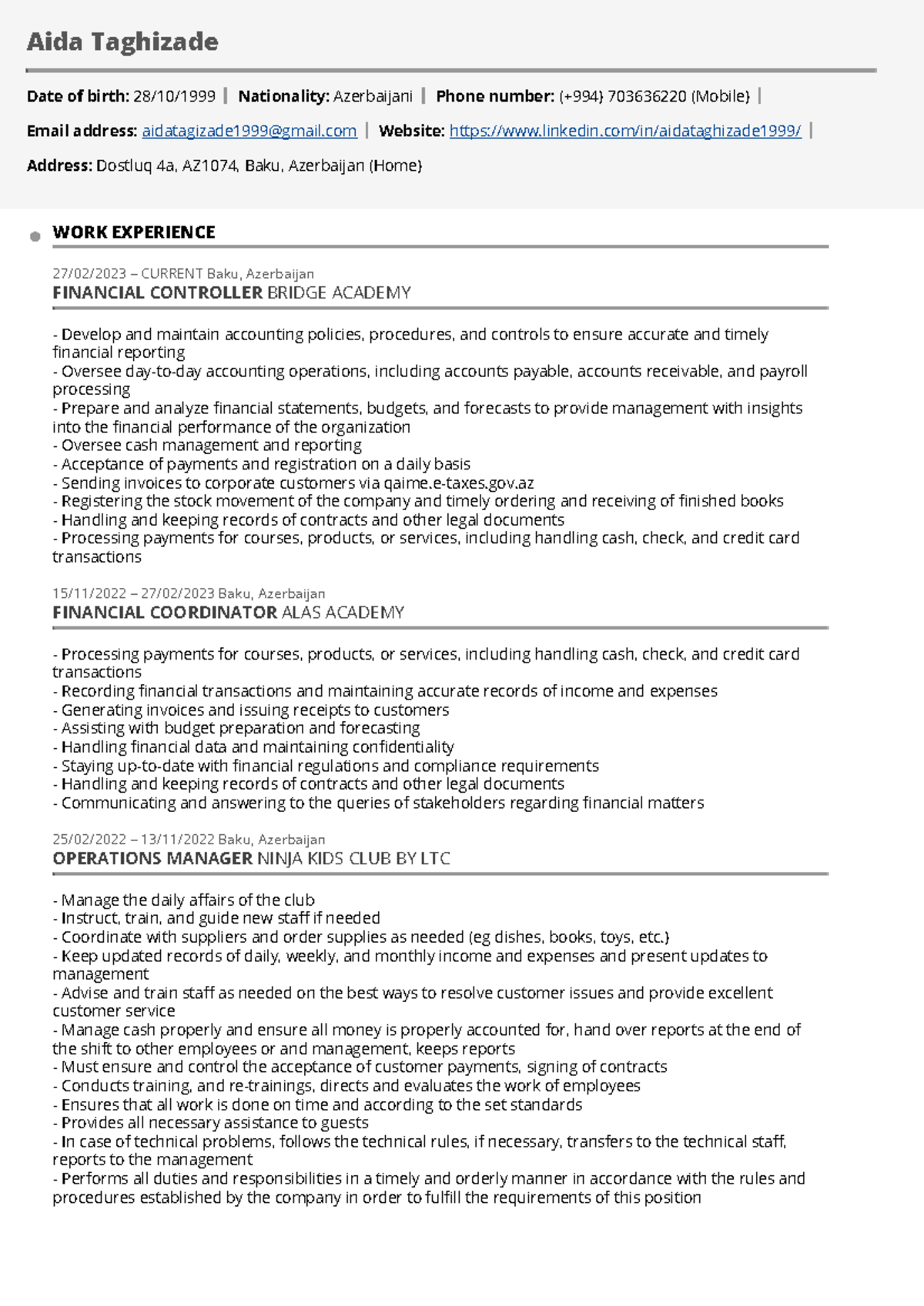 Aida Taghizade - last update resume+ - Aida Taghizade Date of birth: 28 ...