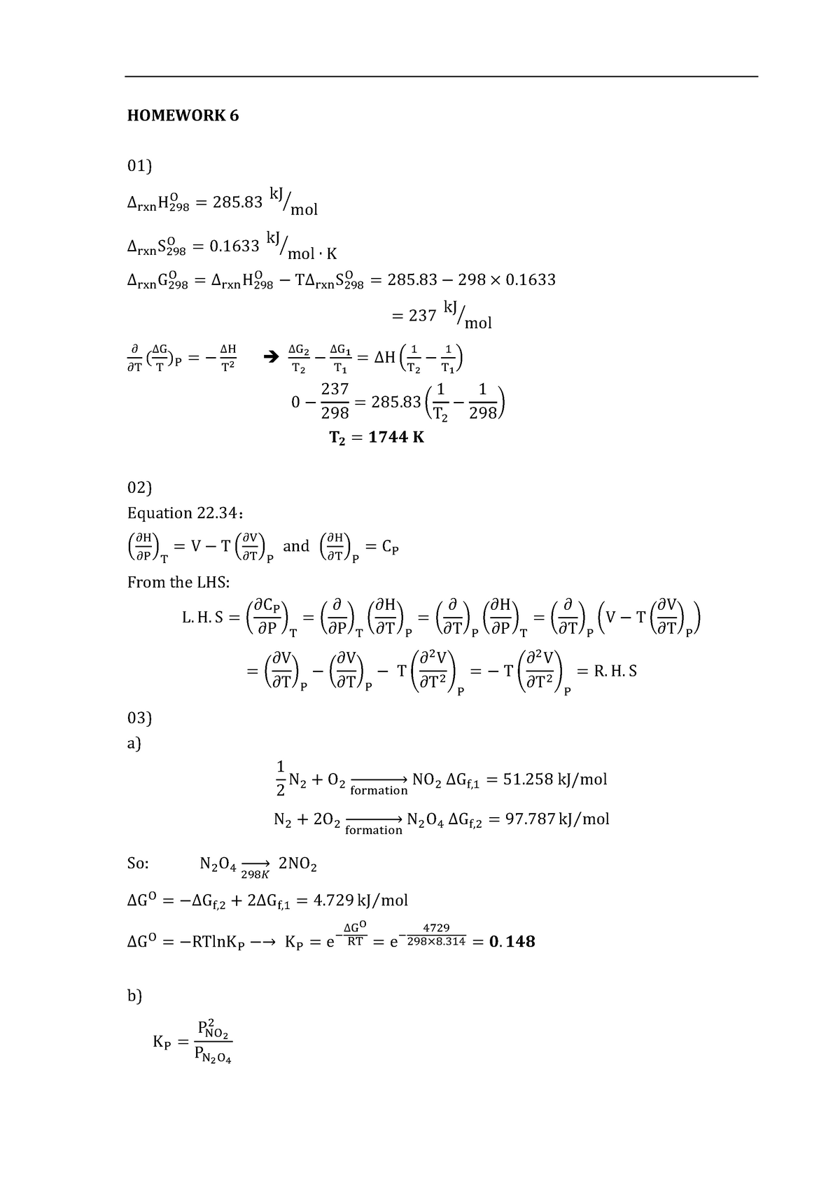 Chem3321 hwk6 soln - Physical chemistry assignments from Dr.Nielsen ...
