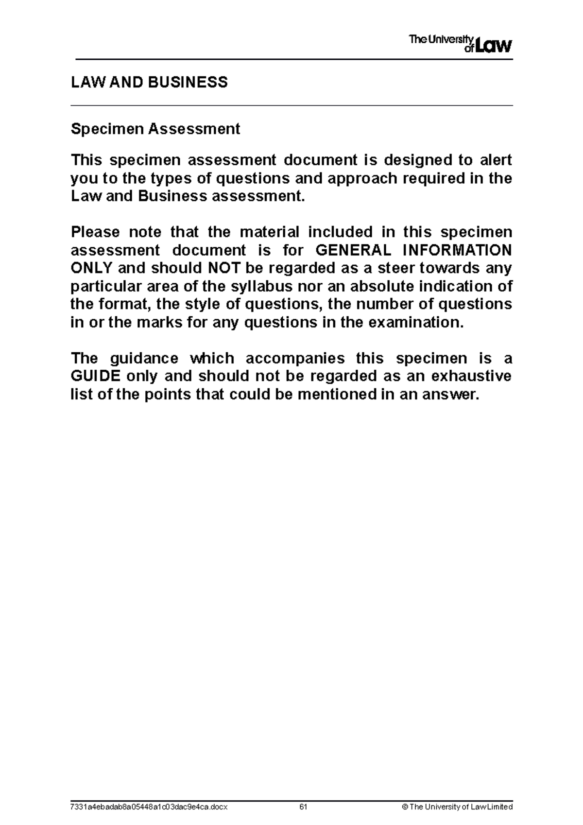 2223 lbus ce01 specimen assessment LAW AND BUSINESS Specimen