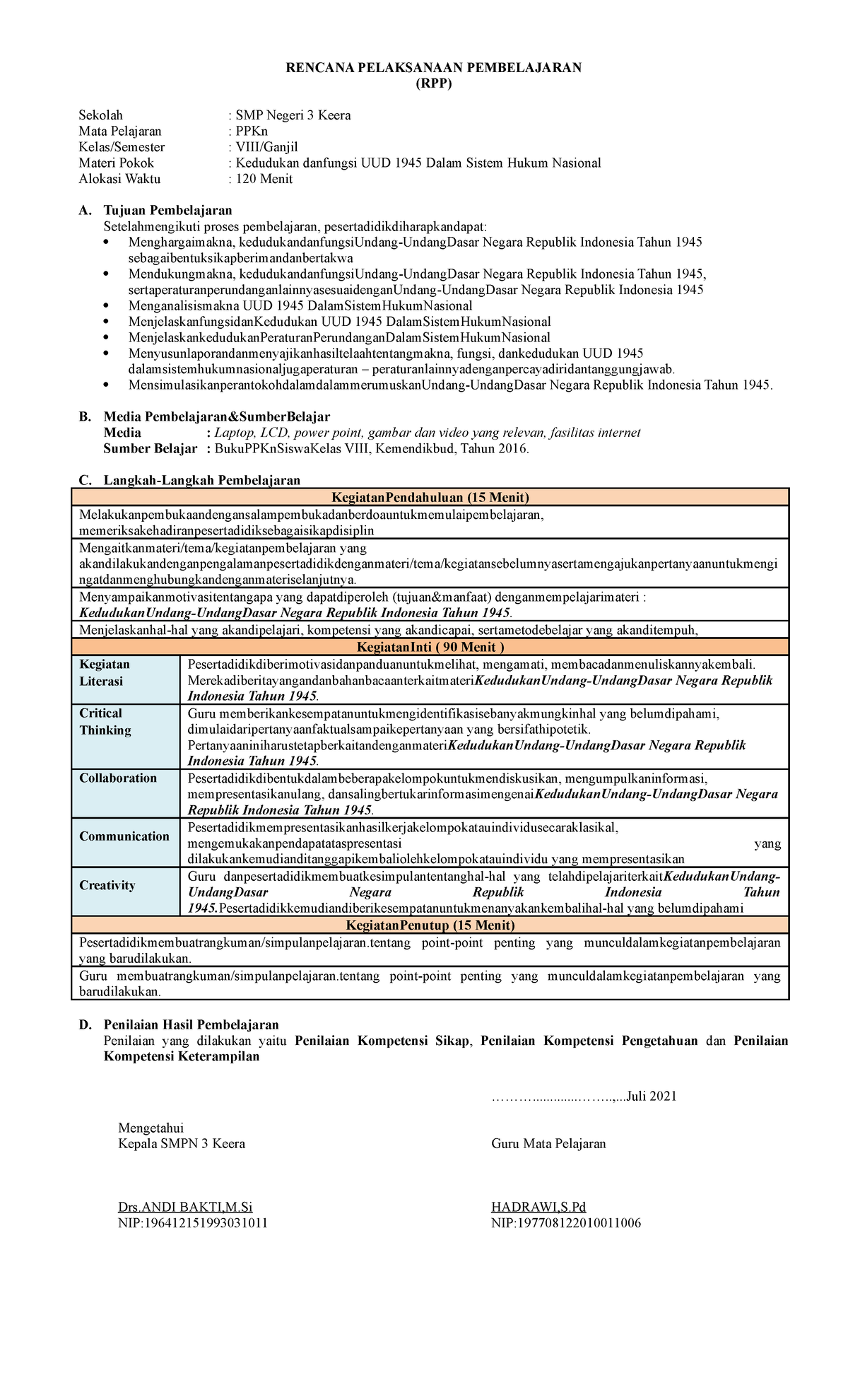 12. RPP 2 - Rpp - RENCANA PELAKSANAAN PEMBELAJARAN (RPP) Sekolah : SMP ...