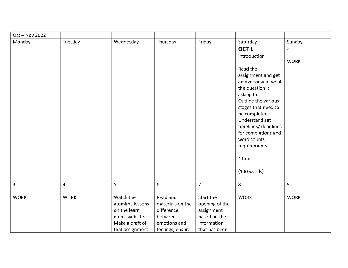 Unit 3 HE - Preparing An Assignment - Oct – Nov 2022 Monday Tuesday ...