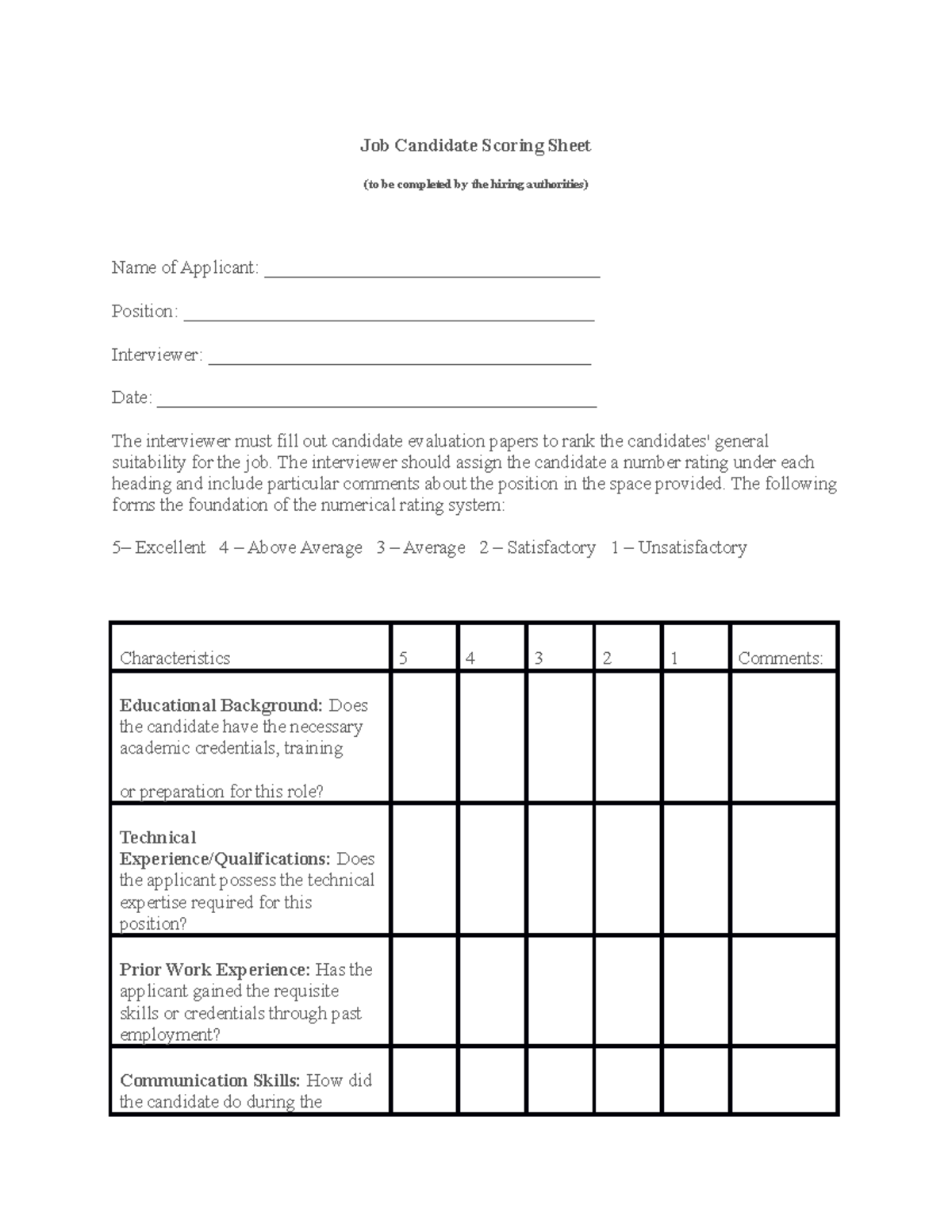 Job Candidate Scoring Sheet - The interviewer should assign the ...