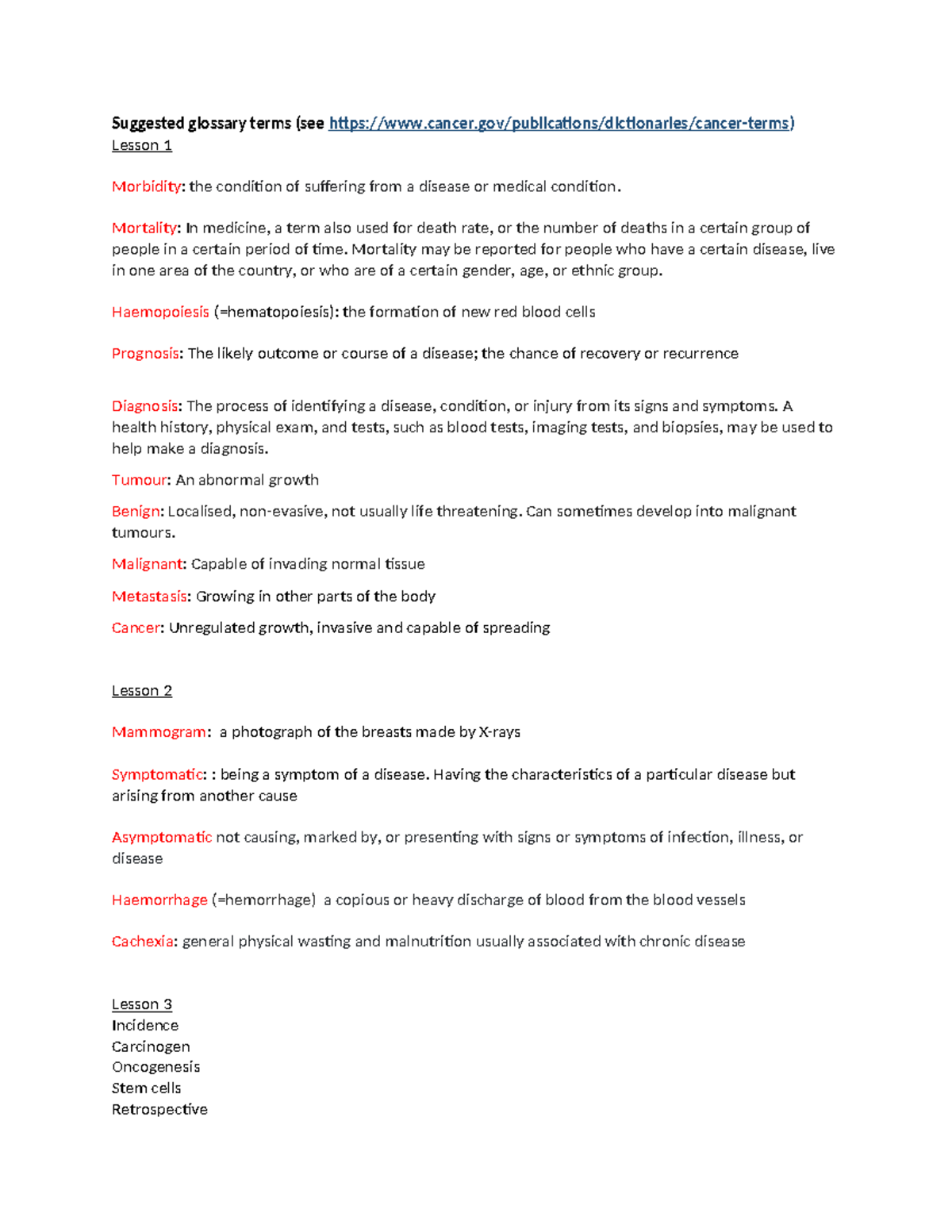 MED3ATA glossary Suggested glossary terms (see cancer/publications