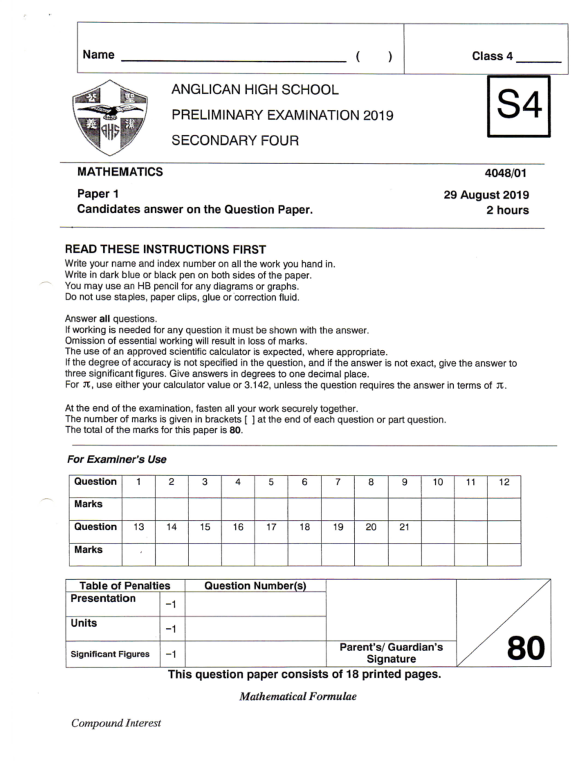 E-math sec 4 sa2 2019 anglican high - Chemistry - Studocu