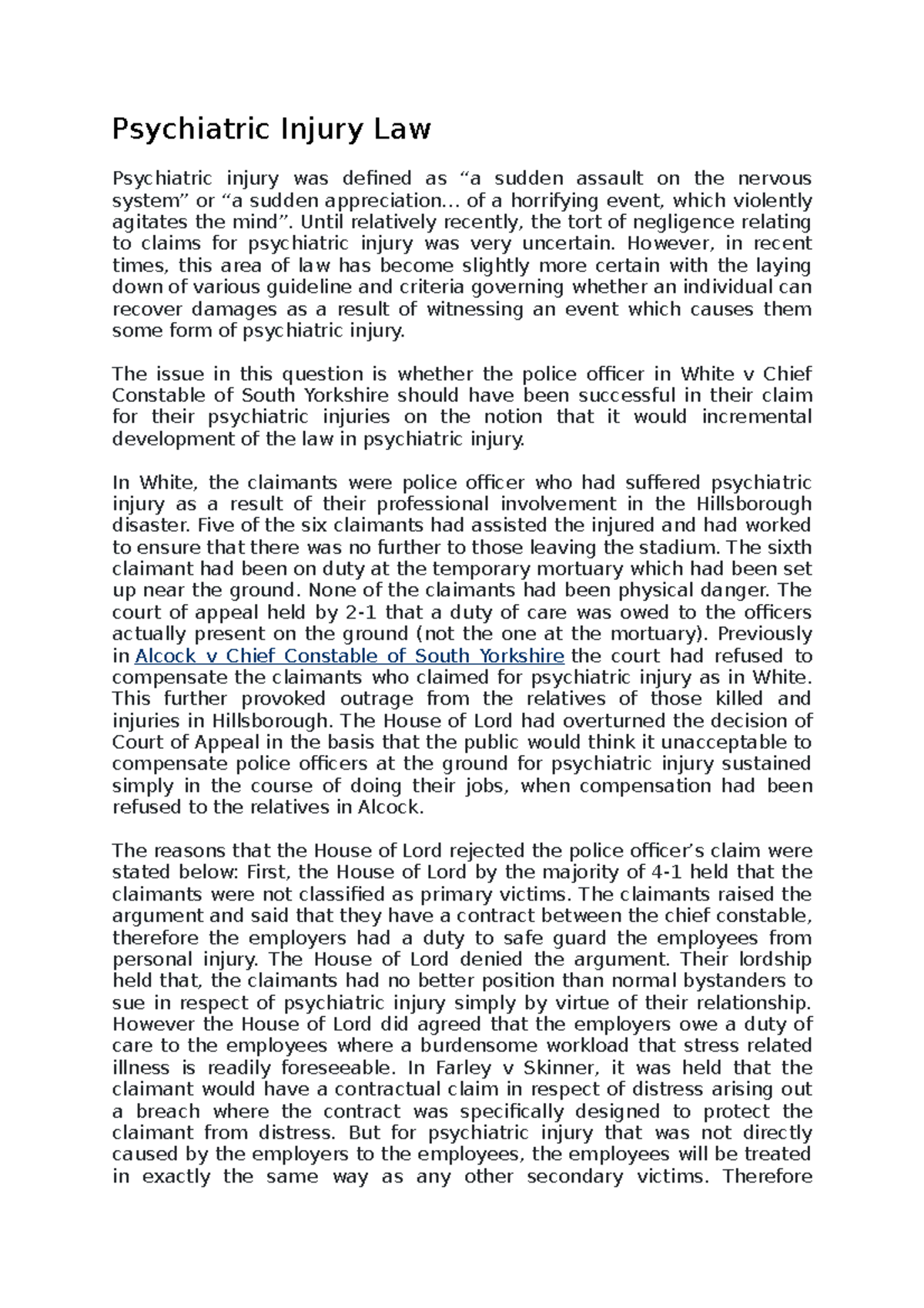 Note Psychiatric Injury Law Psychiatric Injury Law Psychiatric injury