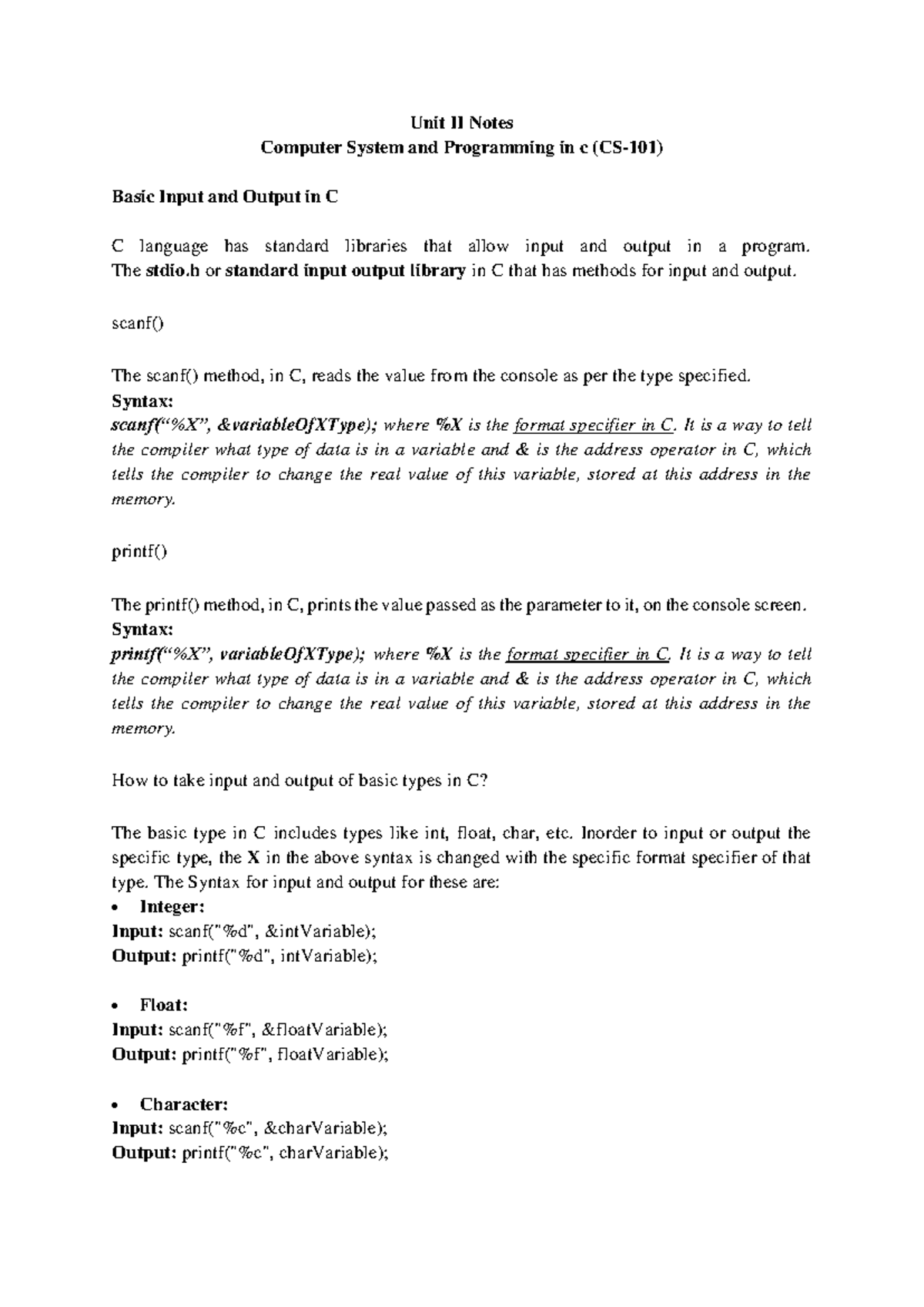 Unit 2 c - Unit II Notes Computer System and Programming in c (CS-101 ...
