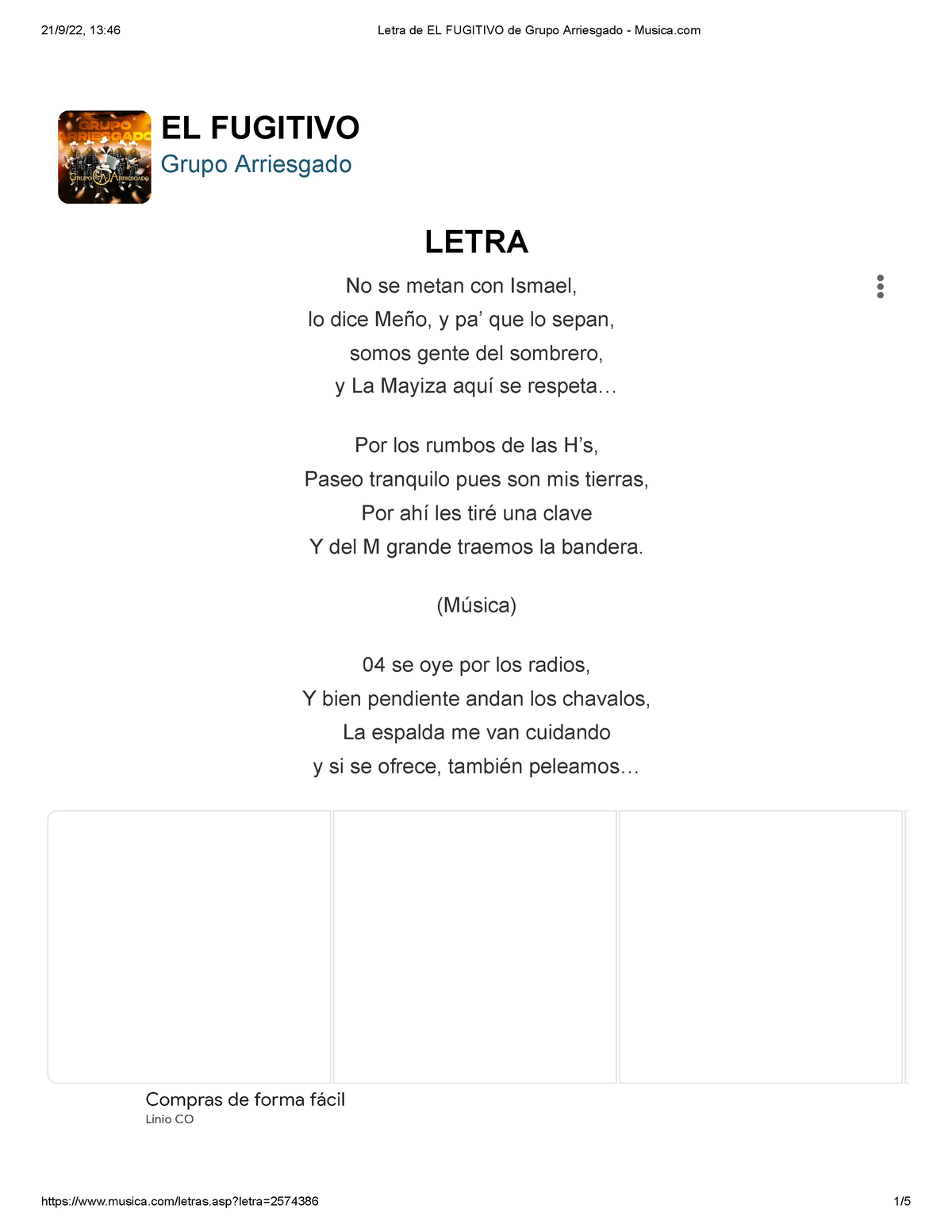 Letra de EL Fugitivo de Grupo Arriesgado - Musica - espanol - StuDocu