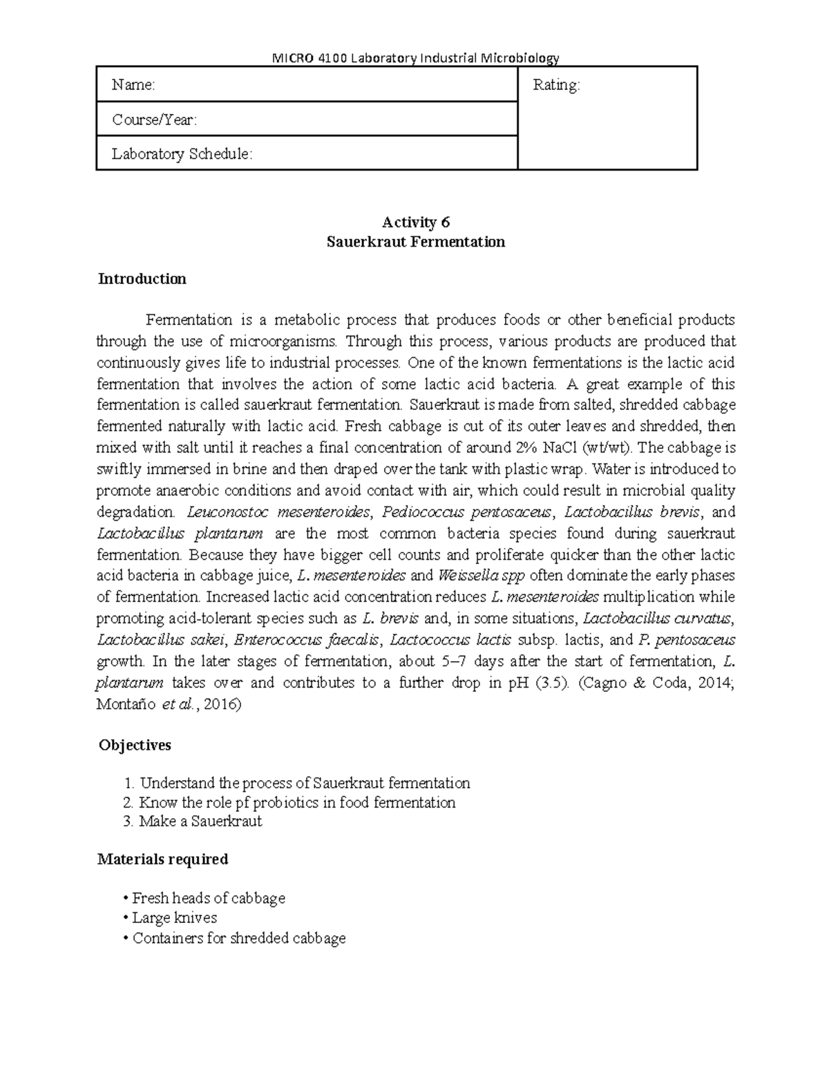 Activity 6 Sauerkraut Fermentation MICRO 4100 Laboratory Industrial