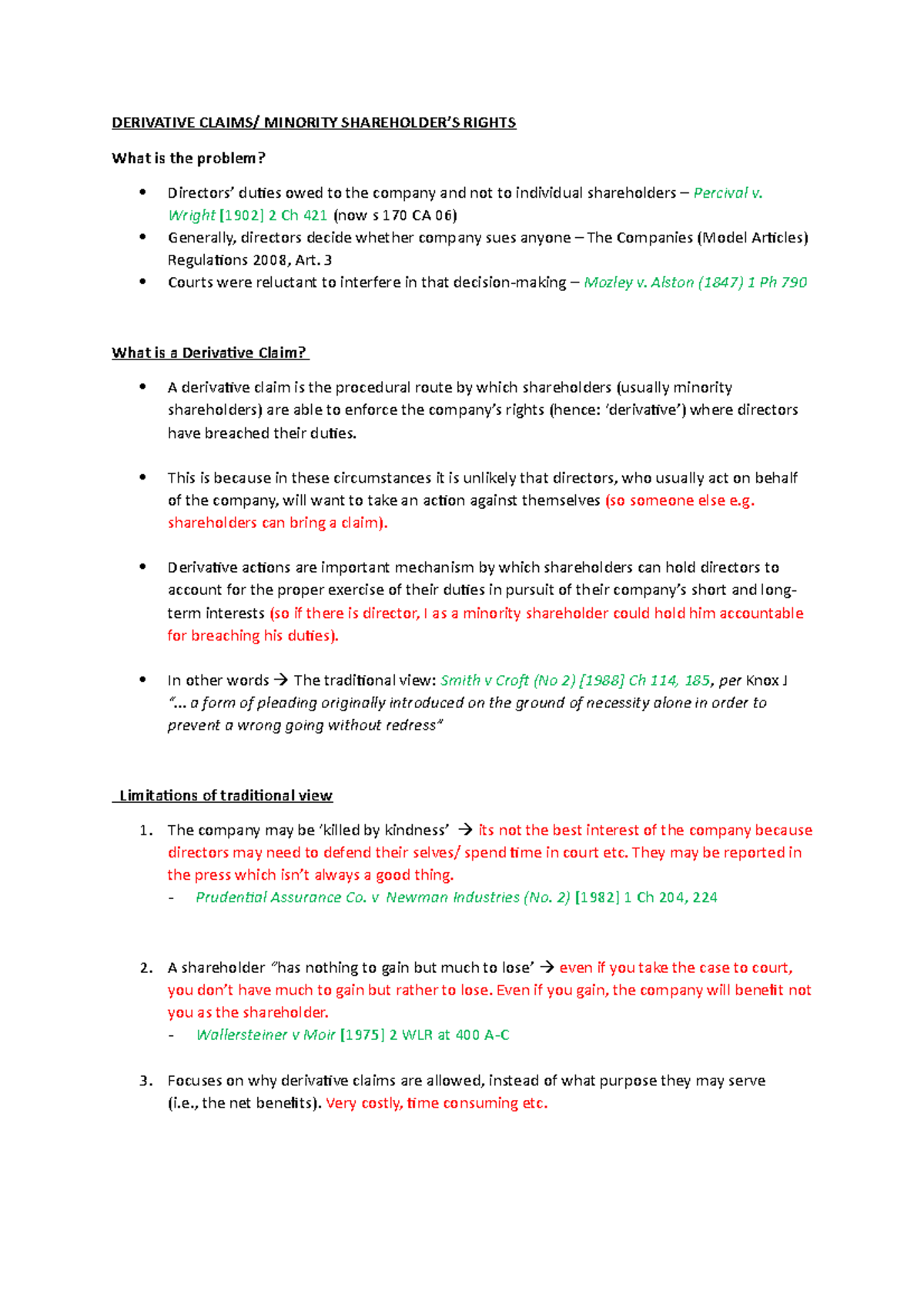 Derivative Claims - Company Law University Notes - DERIVATIVE CLAIMS ...