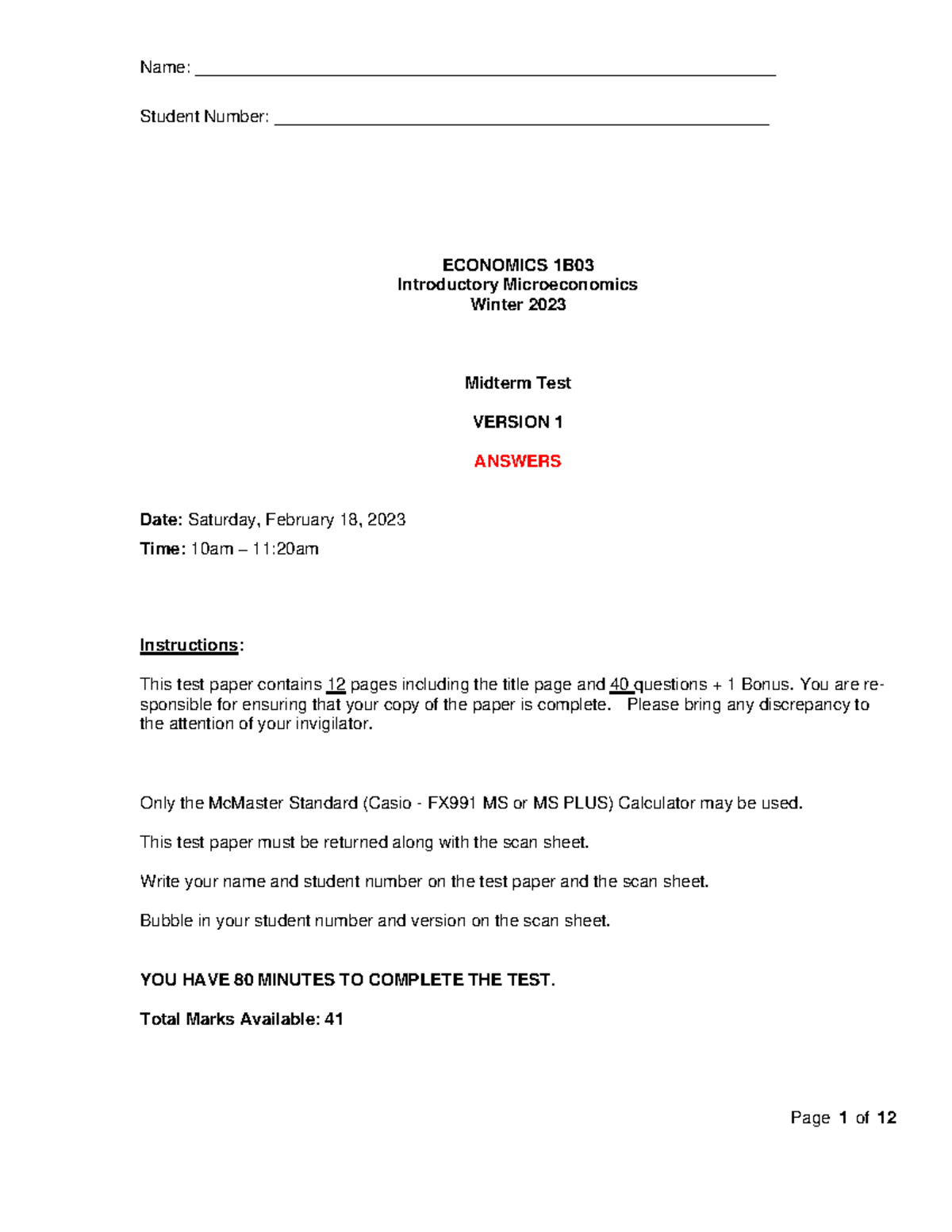 Midterm Version 1 with answers - Name