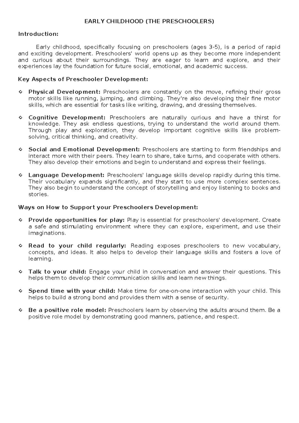 Early- Childhood - Lecture notes - EARLY CHILDHOOD (THE PRESCHOOLERS ...