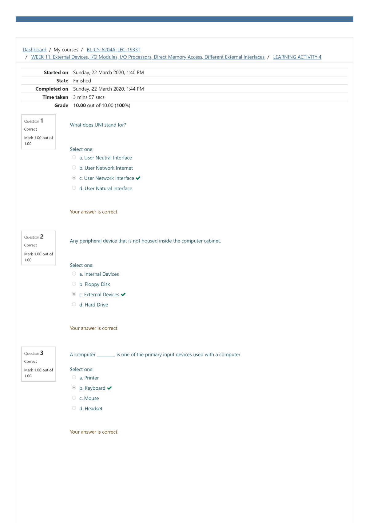 Learning Activity 4 Attempt review - Dashboard / My courses / BL-CS ...