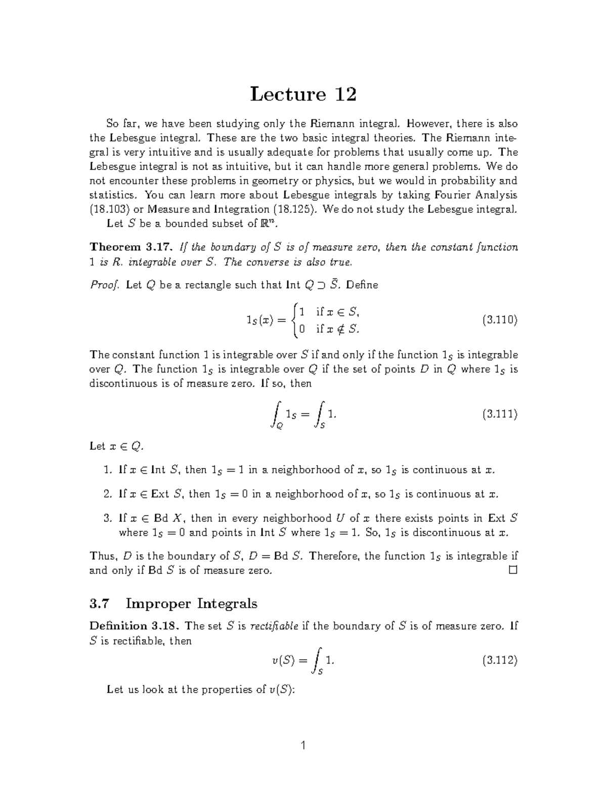 Improper Integrals - Lecture notes 1-4 - { ∫ Lecture 12 So far, we have ...