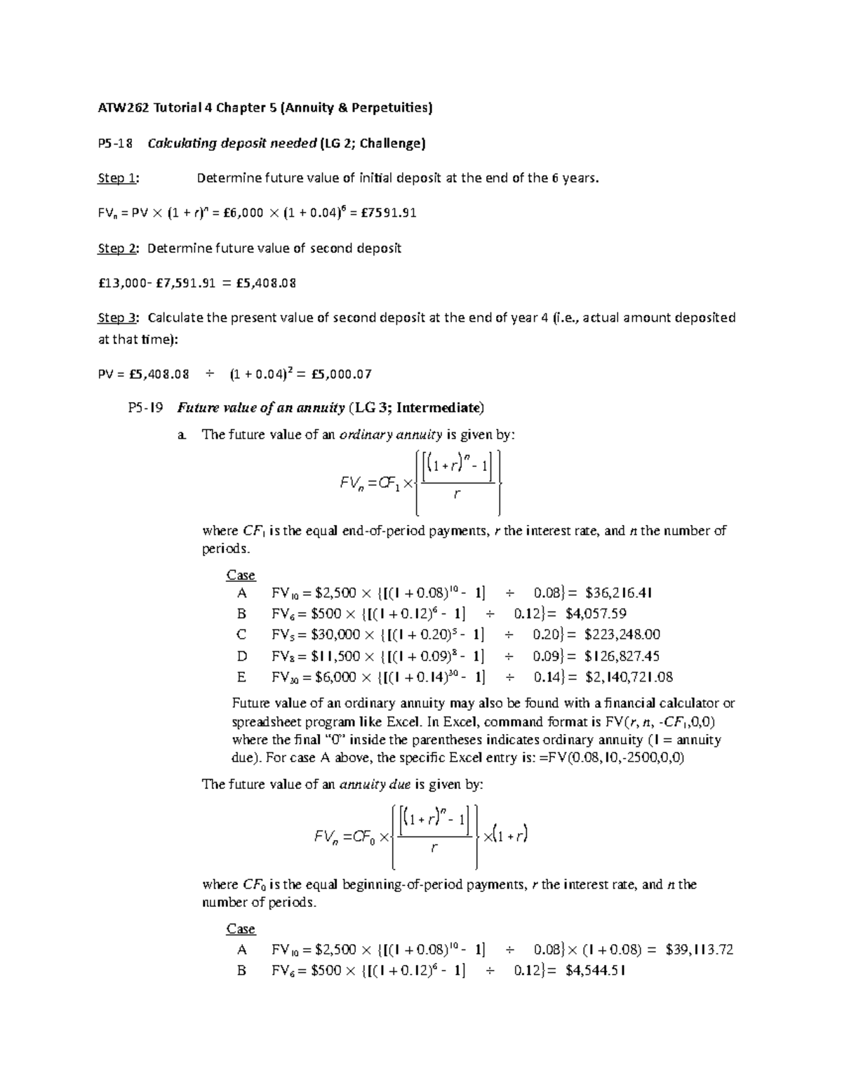 Tutorial 4 Chapter 5 Tvm Ii Atw262 Tutorial Chapter Annuity Perpetuities P5 18 Studocu