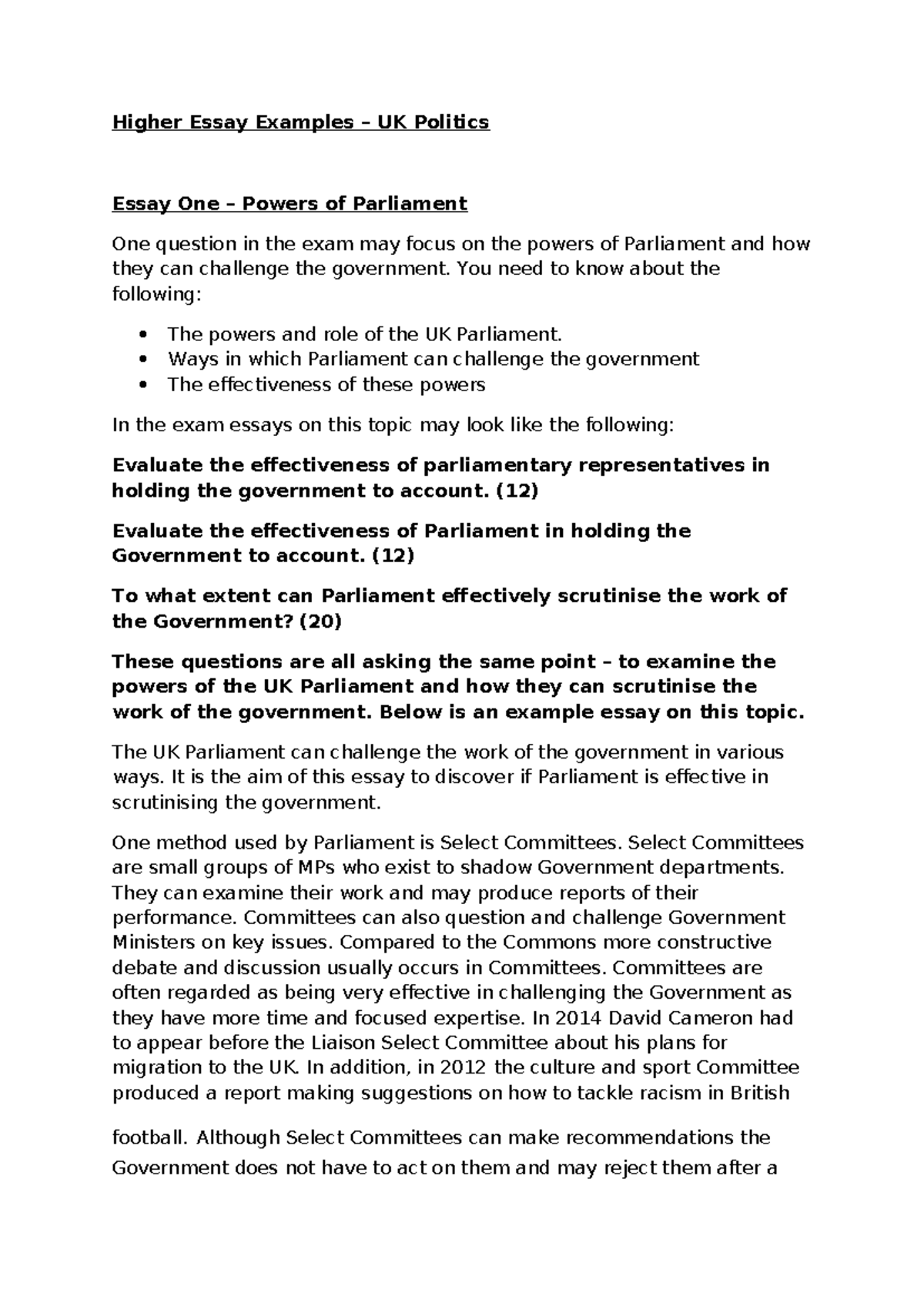 Higher Mods Essay Booklet UK Politics Higher Essay Examples UK