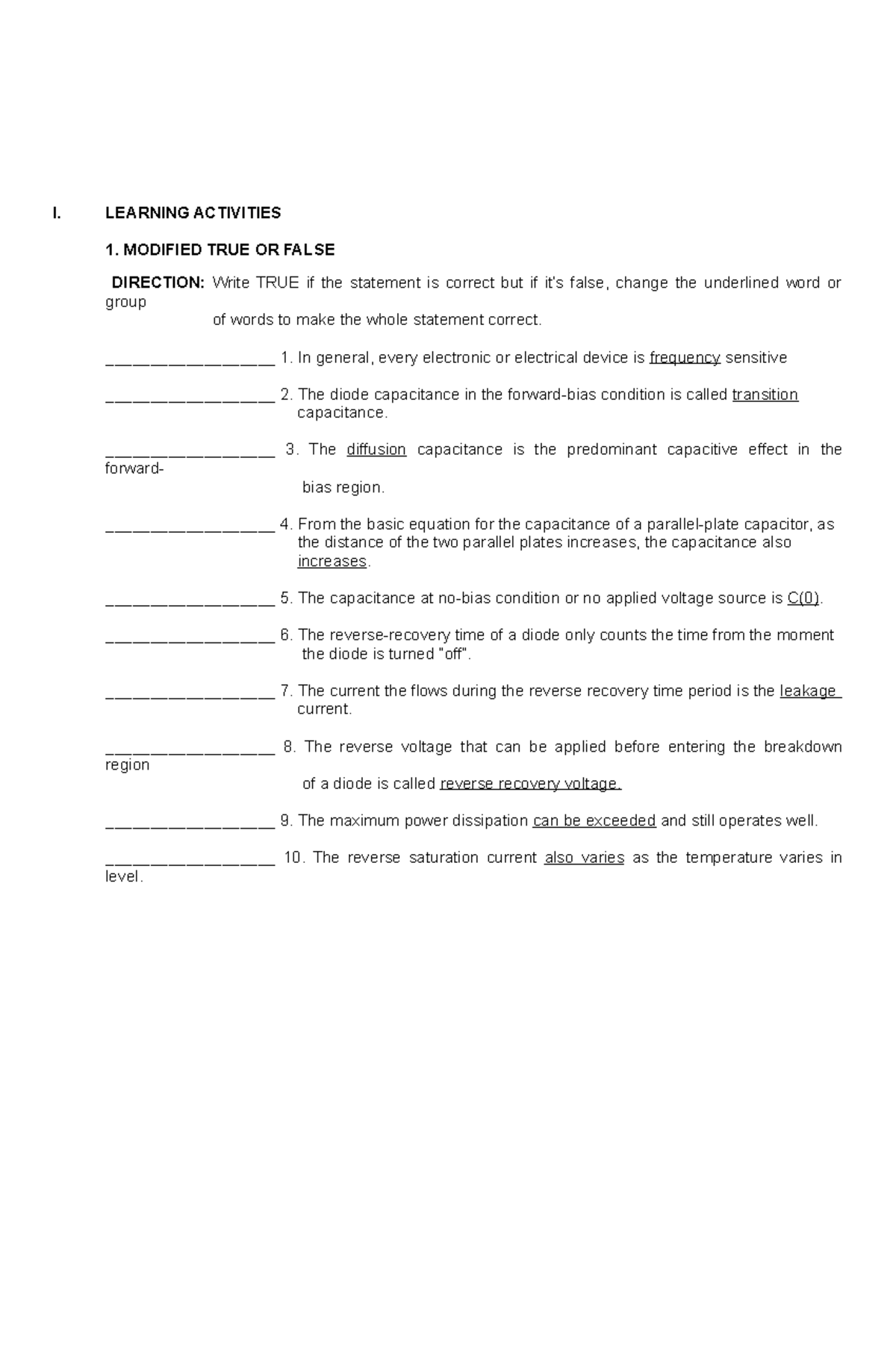 Electronic Devices and Circuits practice problem 1 - I. LEARNING ...
