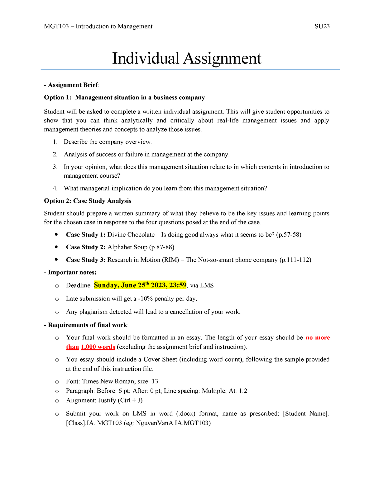 MGT103-Individual Assignment-SU23 - MGT103 – Introduction To Management ...