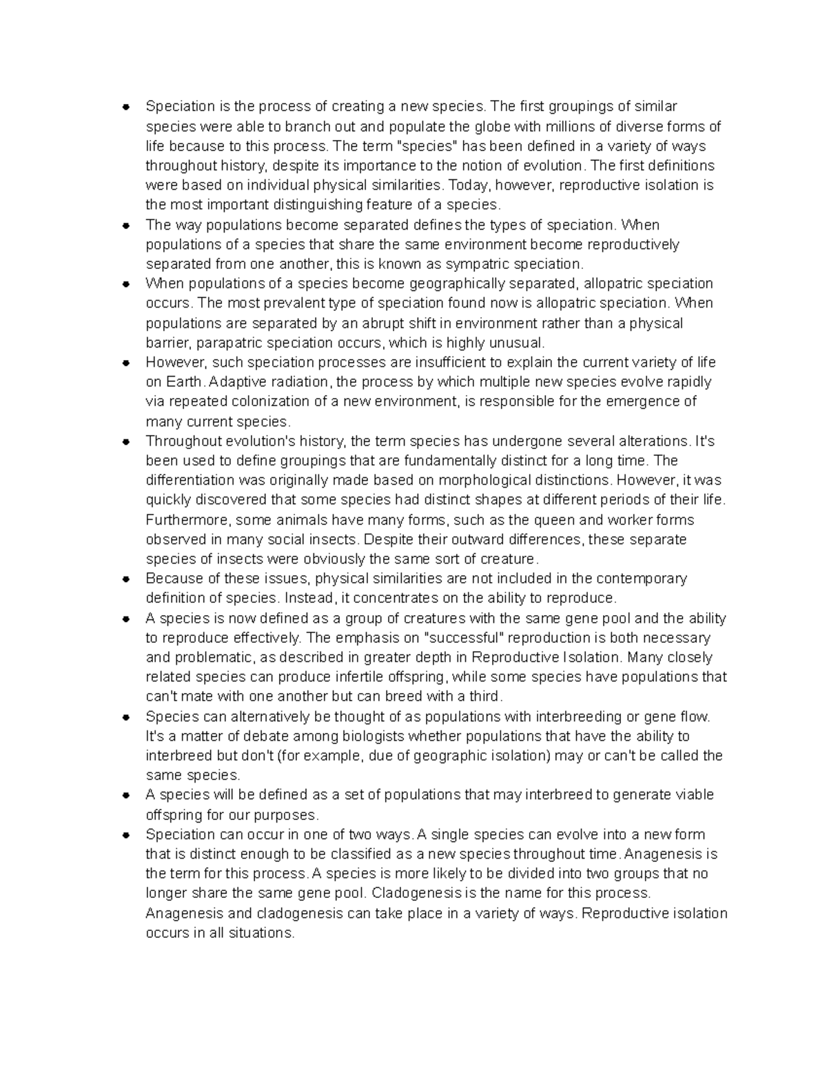 Speciation - notes - Speciation is the process of creating a new ...