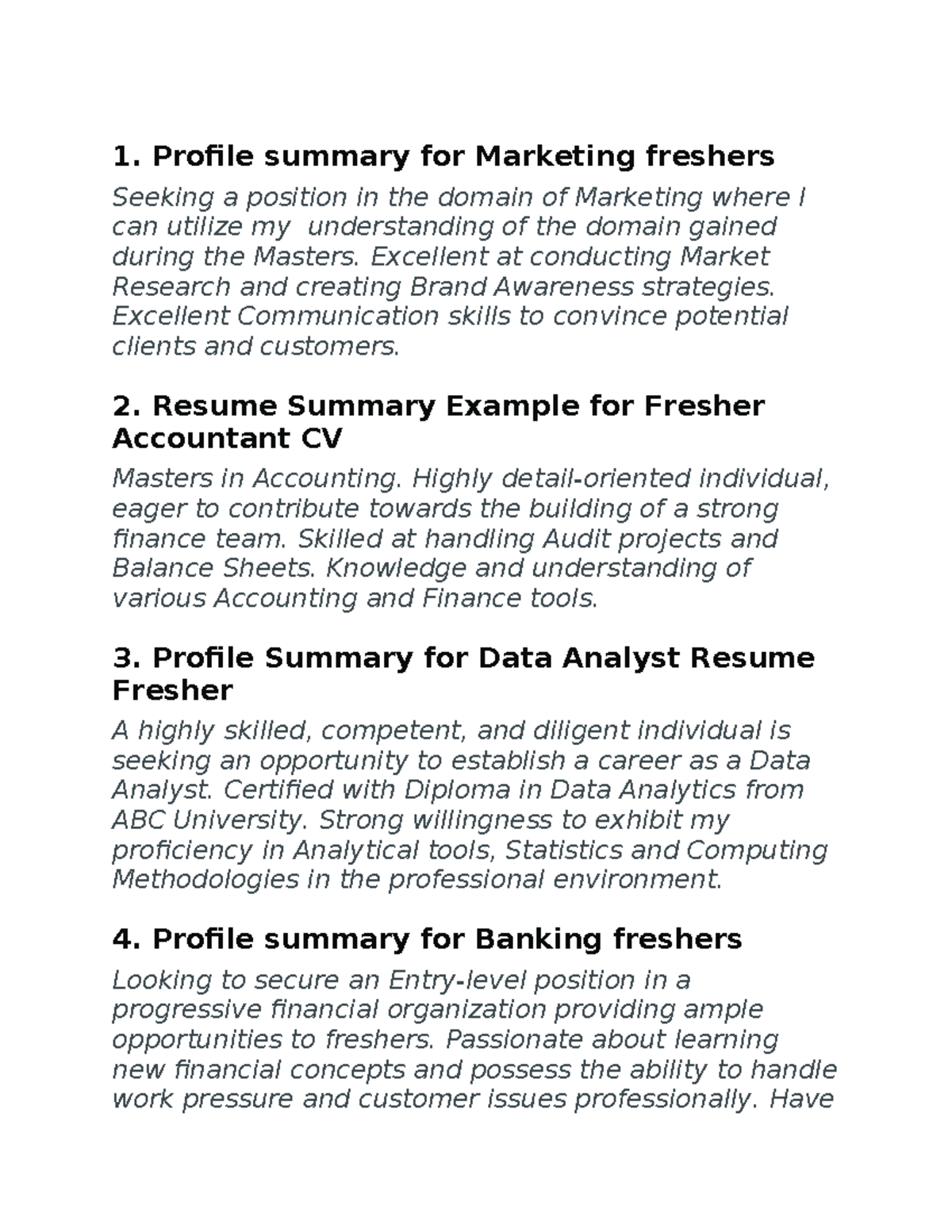 Profile summary - 1. Profile summary for Marketing freshers Seeking a ...