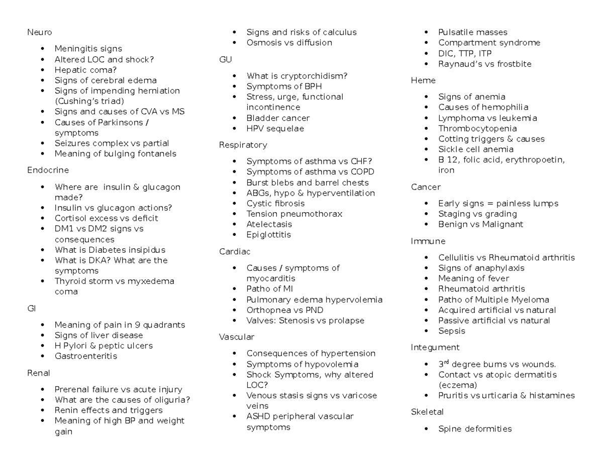 Patho review points - cause work - Neuro Meningitis signs Altered LOC ...