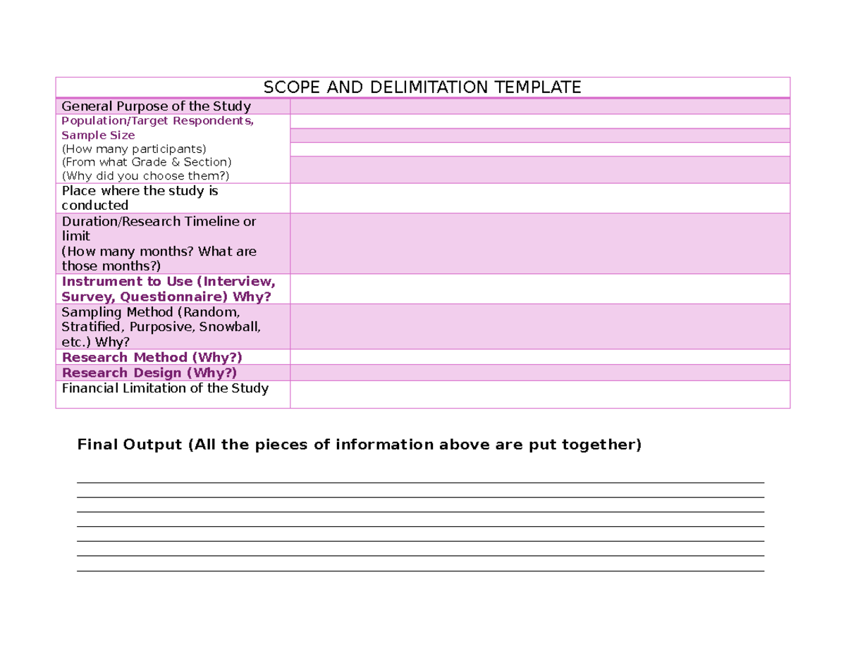Scope and Delimitation Workshop - SCOPE AND DELIMITATION TEMPLATE ...