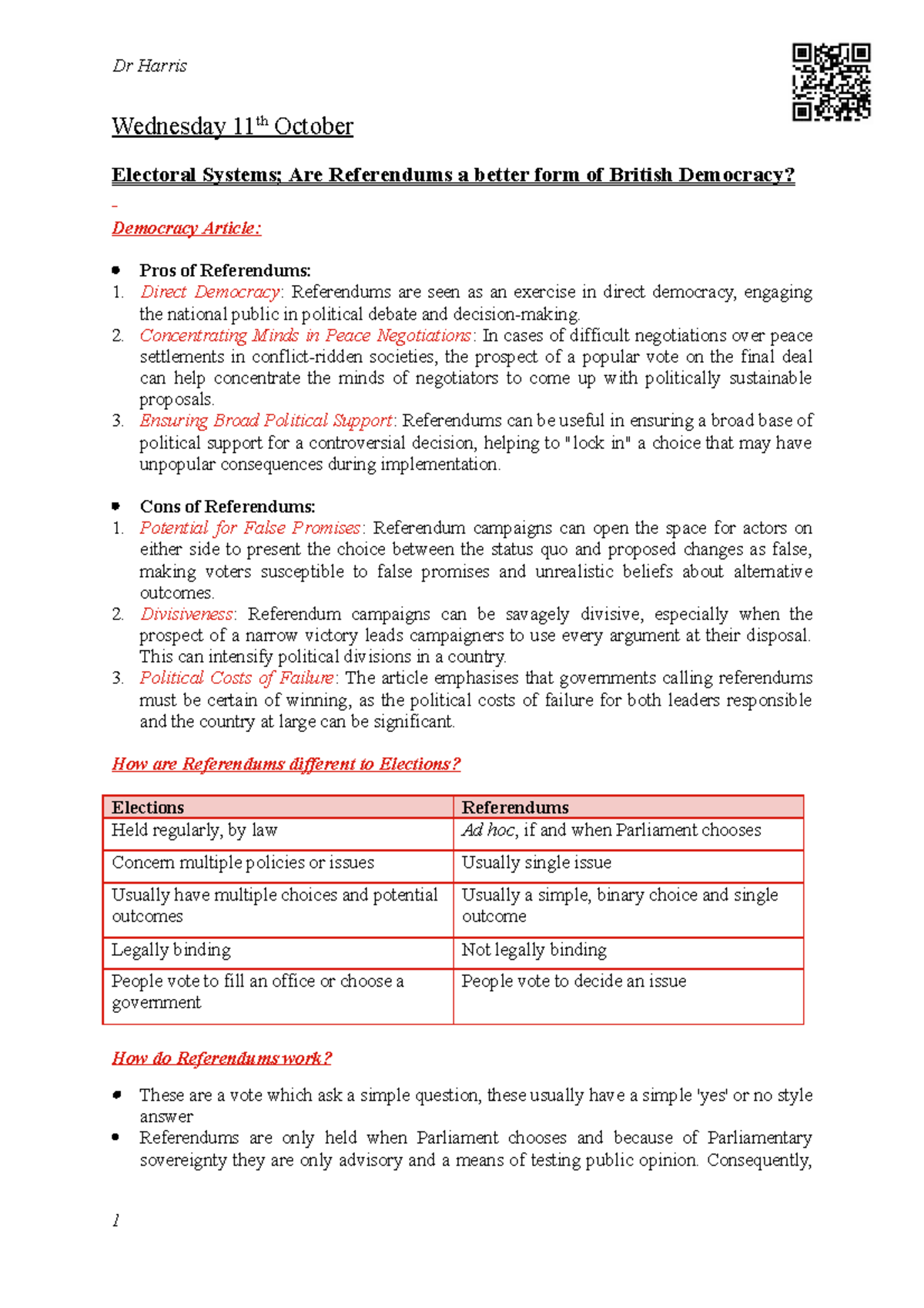 Referendums POL - Dr Harris Wednesday 11th October Electoral Systems ...