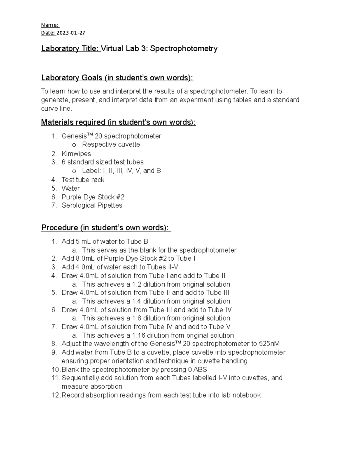 Virtual Lab 3 Spectrophotometry Date 202301 Laboratory Title