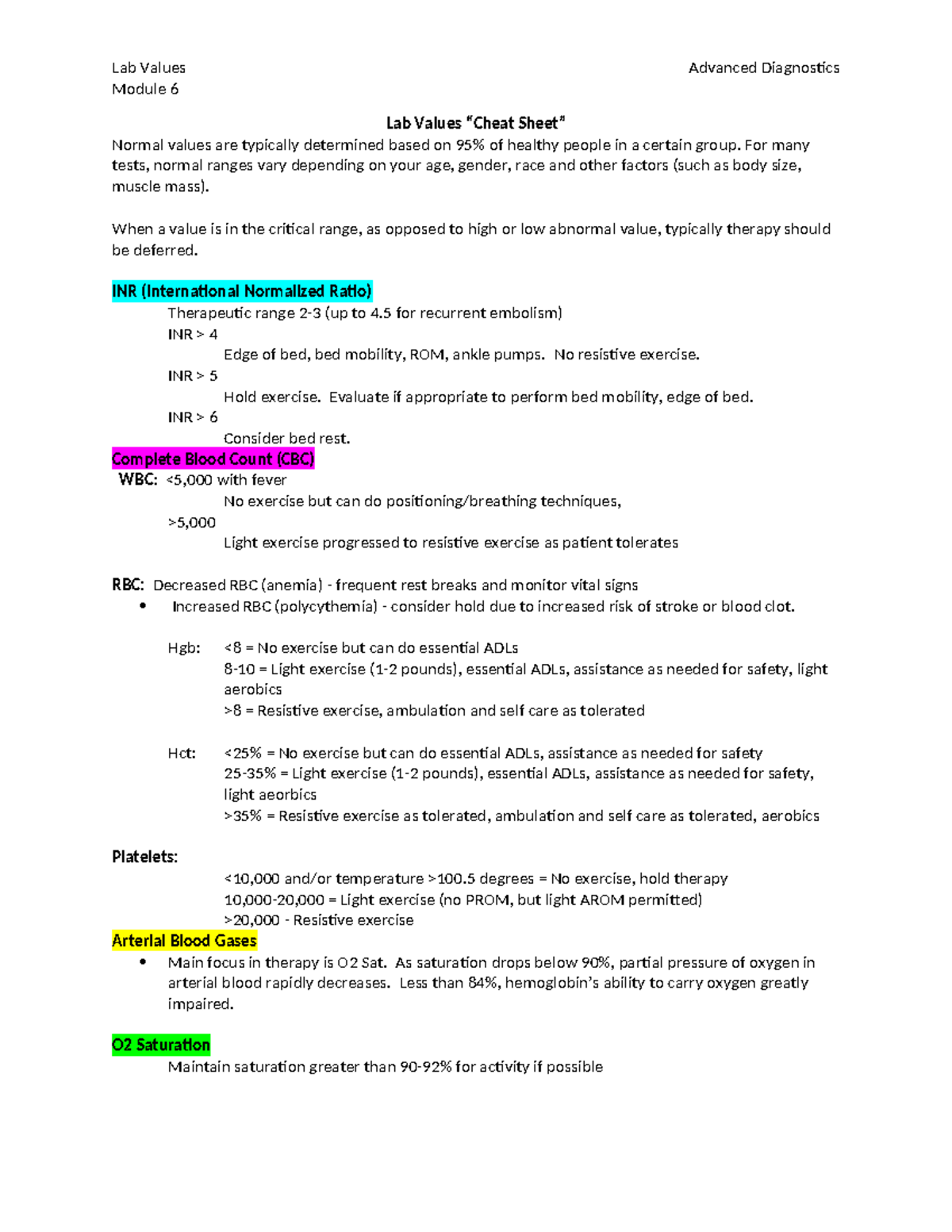 Lab Values Cheat Sheet - Lab Values Advanced Diagnostics Module 6 Lab ...