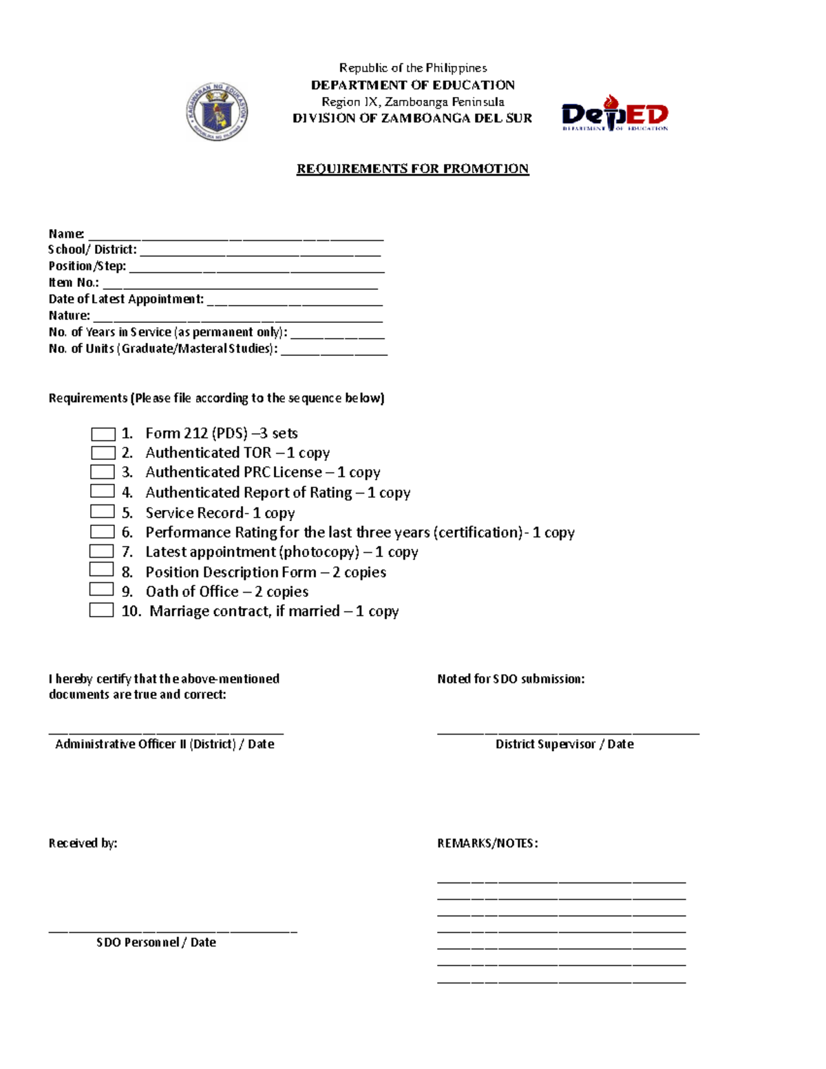Requirements for Promotion - Republic of the Philippines DEPARTMENT OF ...