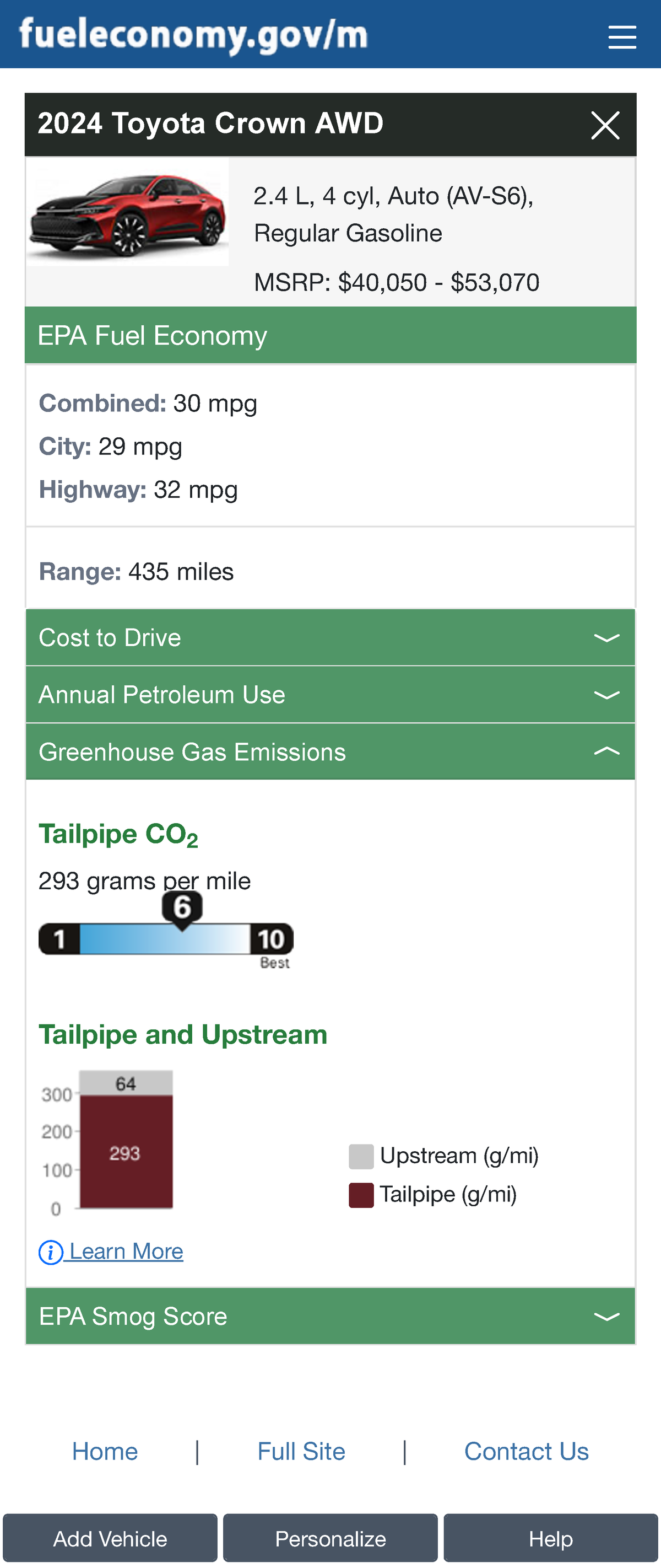 Fuel Economy.gov Mobile 2024 Toyota Crown AWD EPA Fuel Economy Combined 30 mpg City 29 mpg