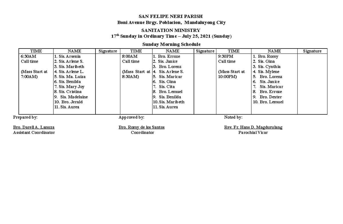 SAN Felipe NERI Parish Sanitation Ministry Schedule for July 25, 2021