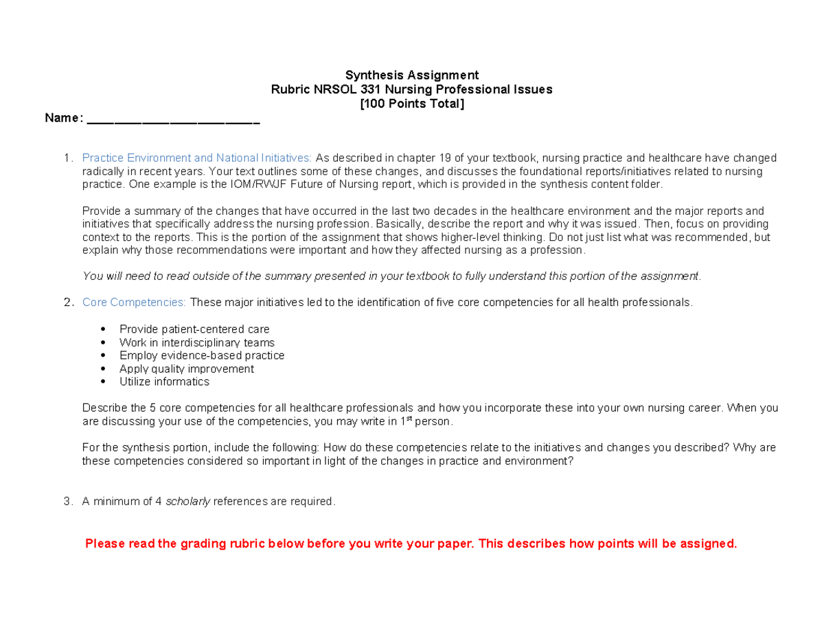 Study Guide for NSC - Synthesis Assignment Rubric NRSOL 331 Nursing ...