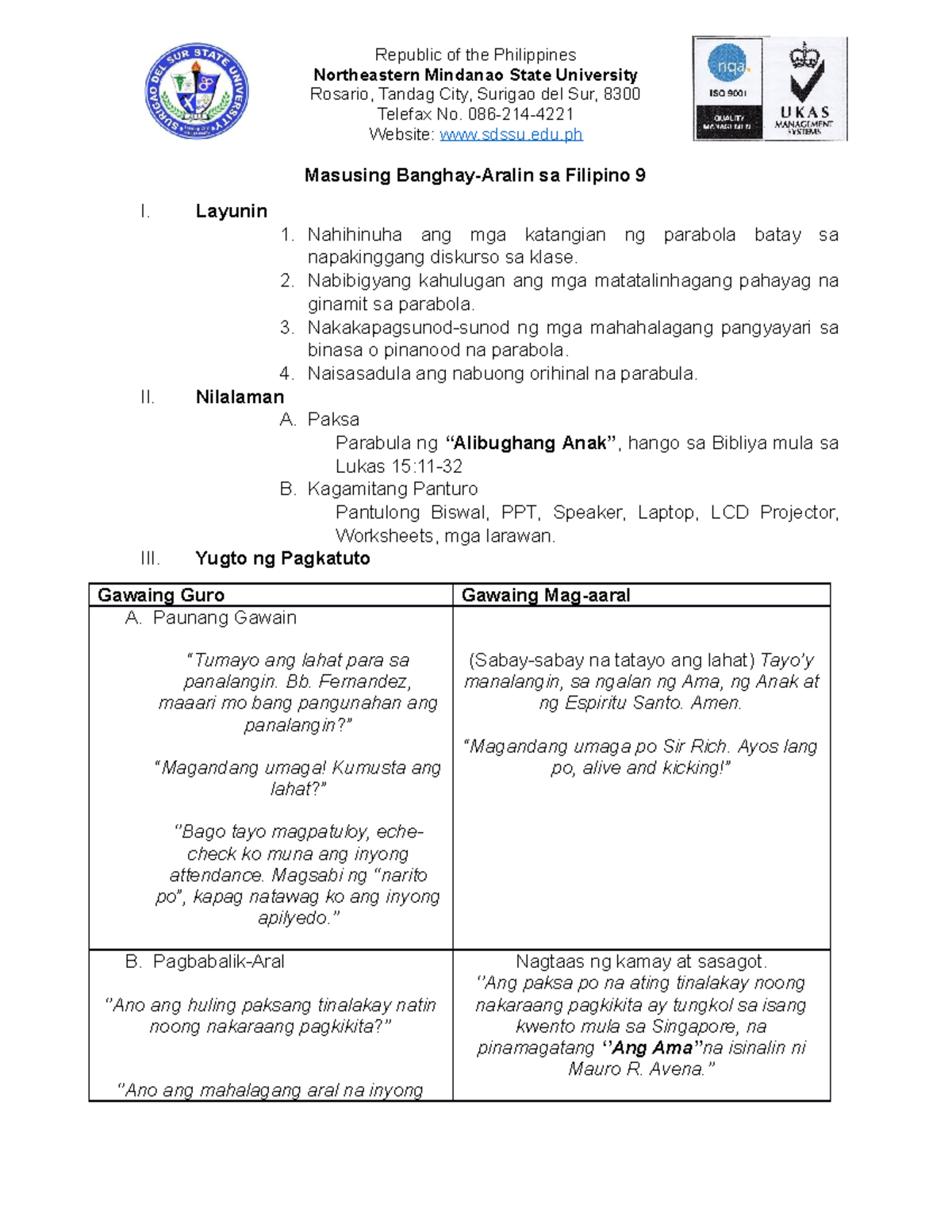 Masusing Banghay-aralin 1 - Northeastern Mindanao State University 