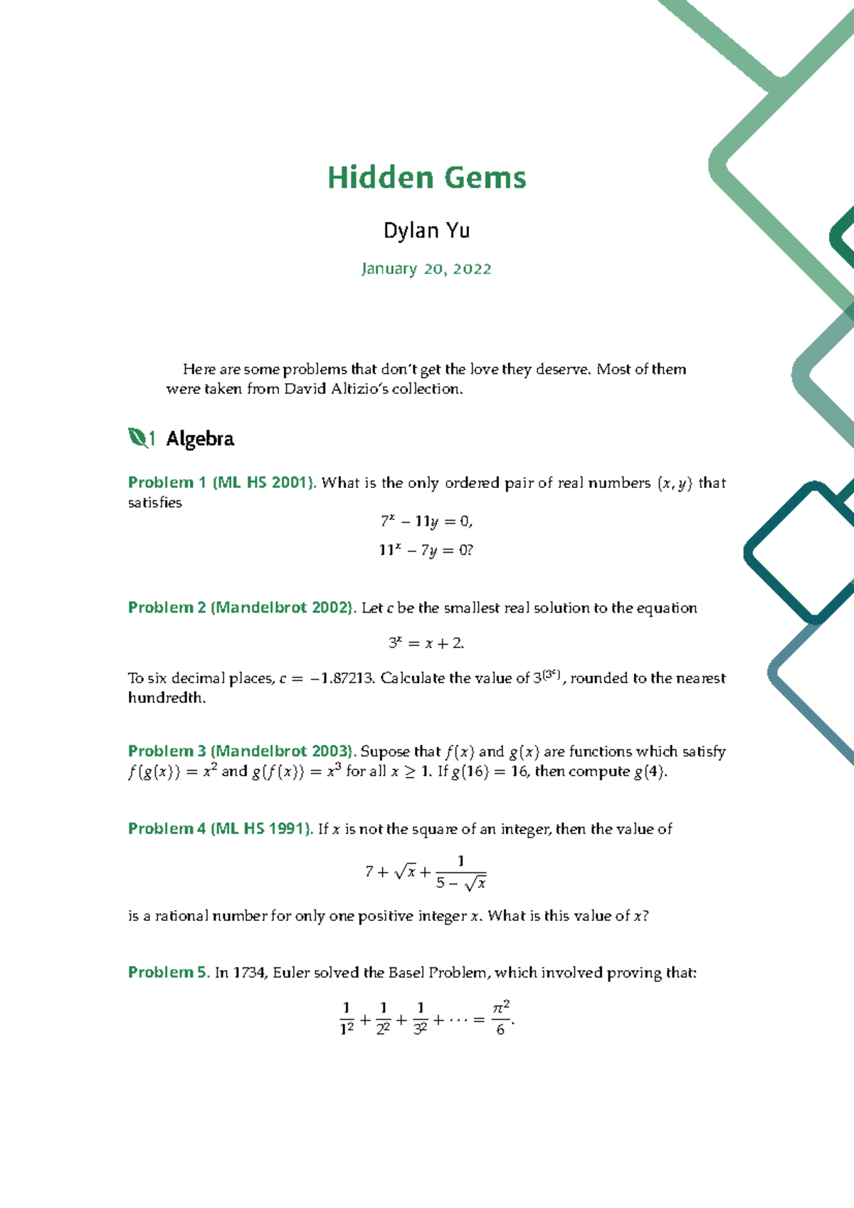 M2 gems math hidden gems dylan yu january 20 2022 here are some