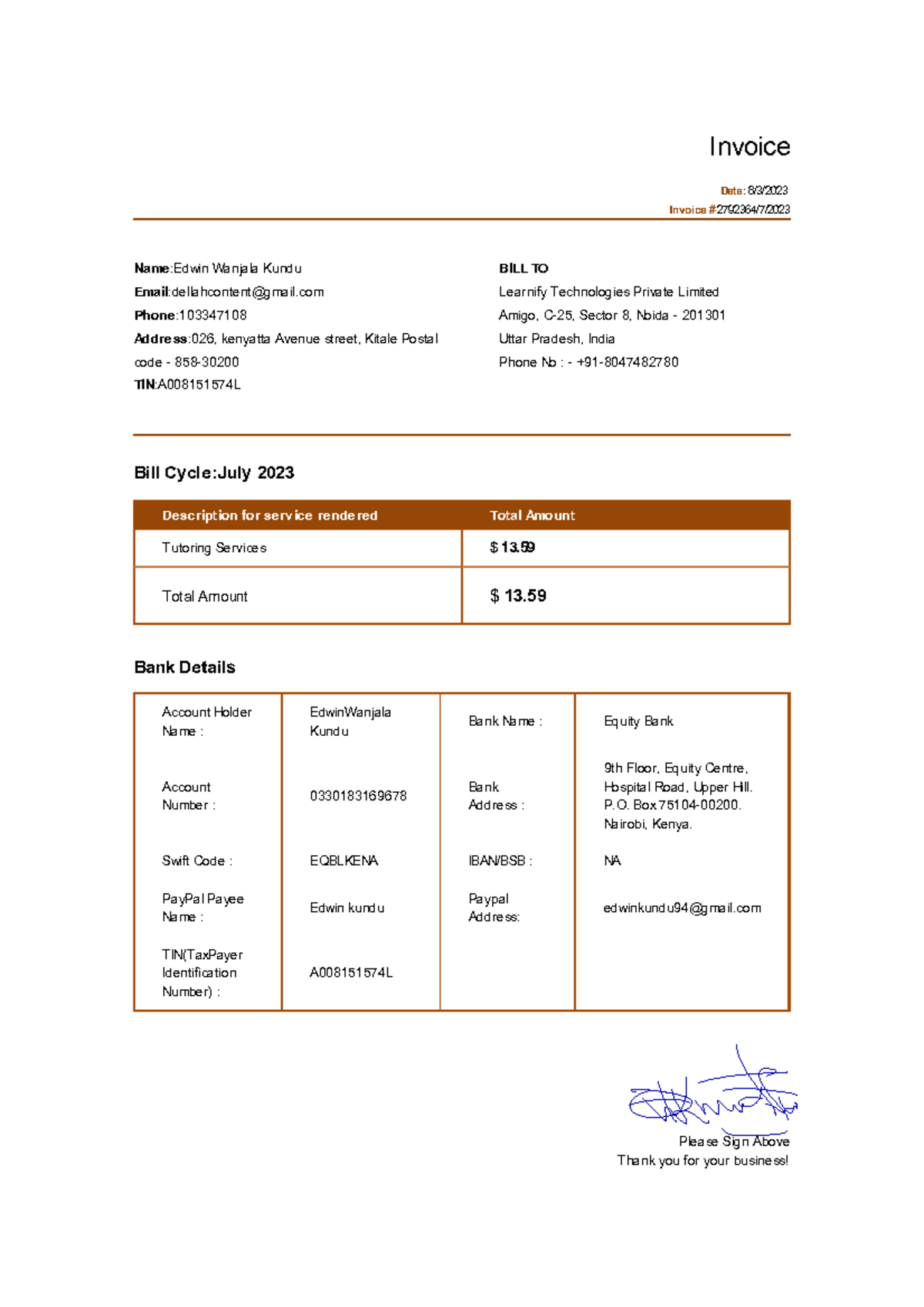 July 2023 Invoice-Copy - Invoice Date: 8/3/ Invoice # 2792364/7/ Name ...