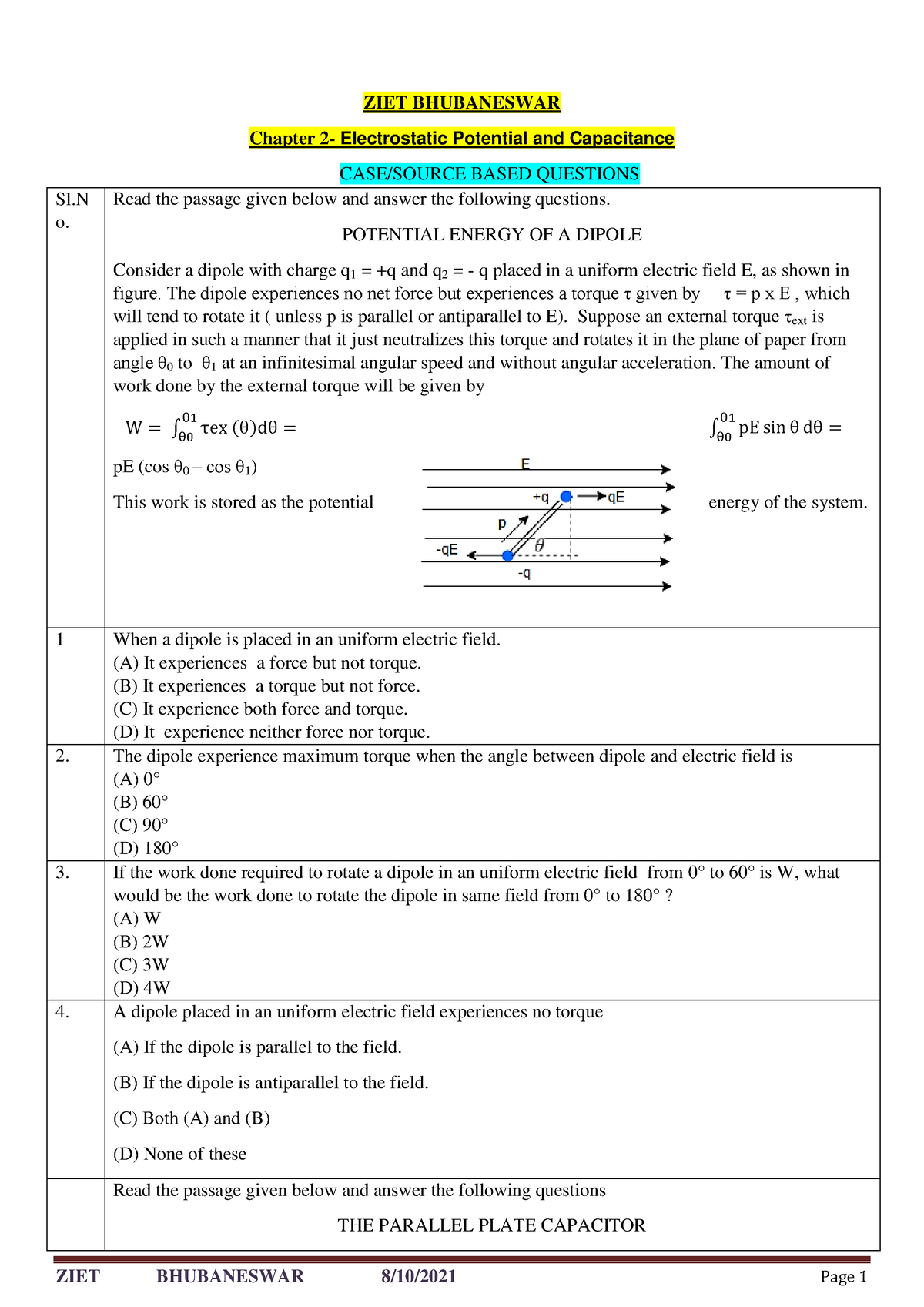 case study questions on electric potential and capacitance class 12