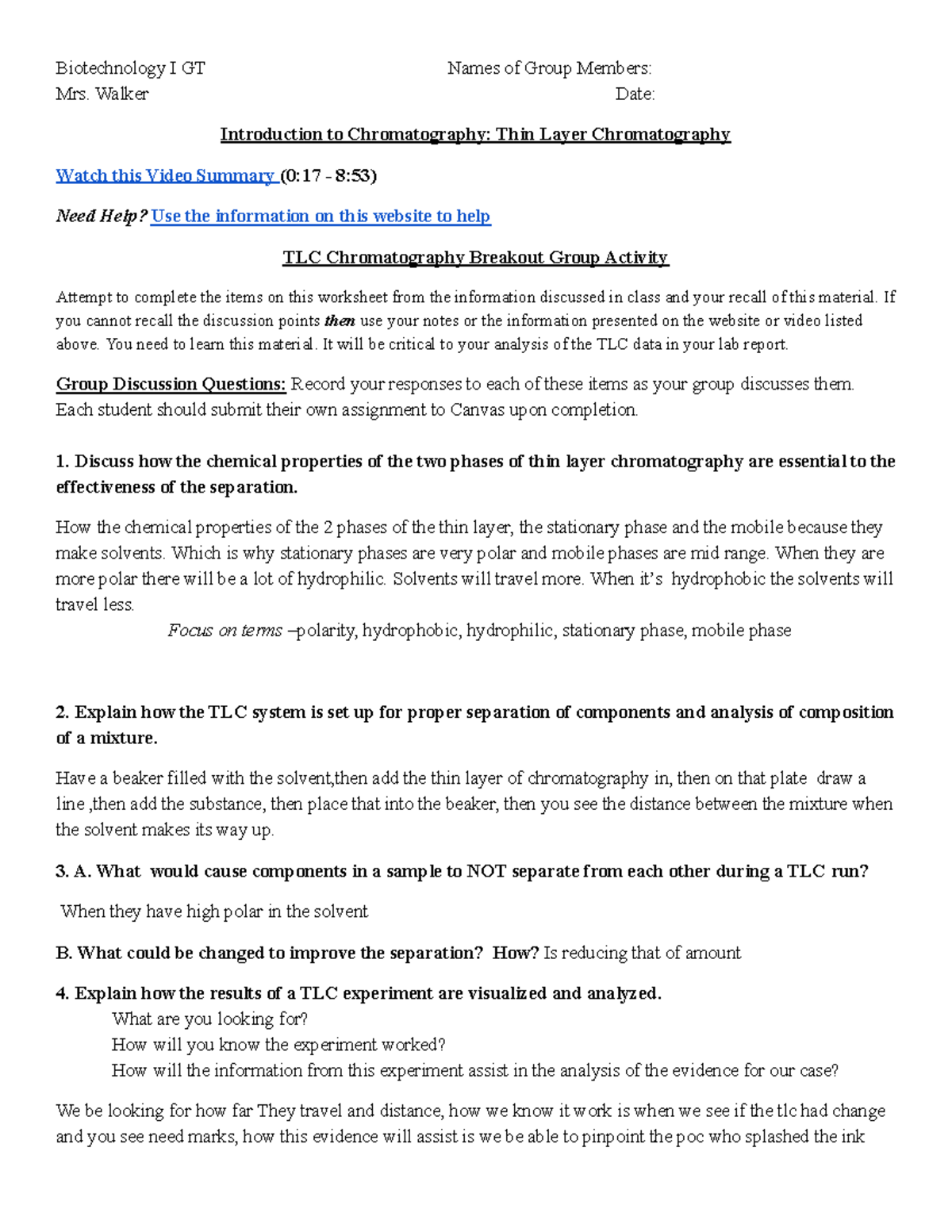 Thin Layer Chromatography Group Work 2022 - Biotechnology I GT Names of ...