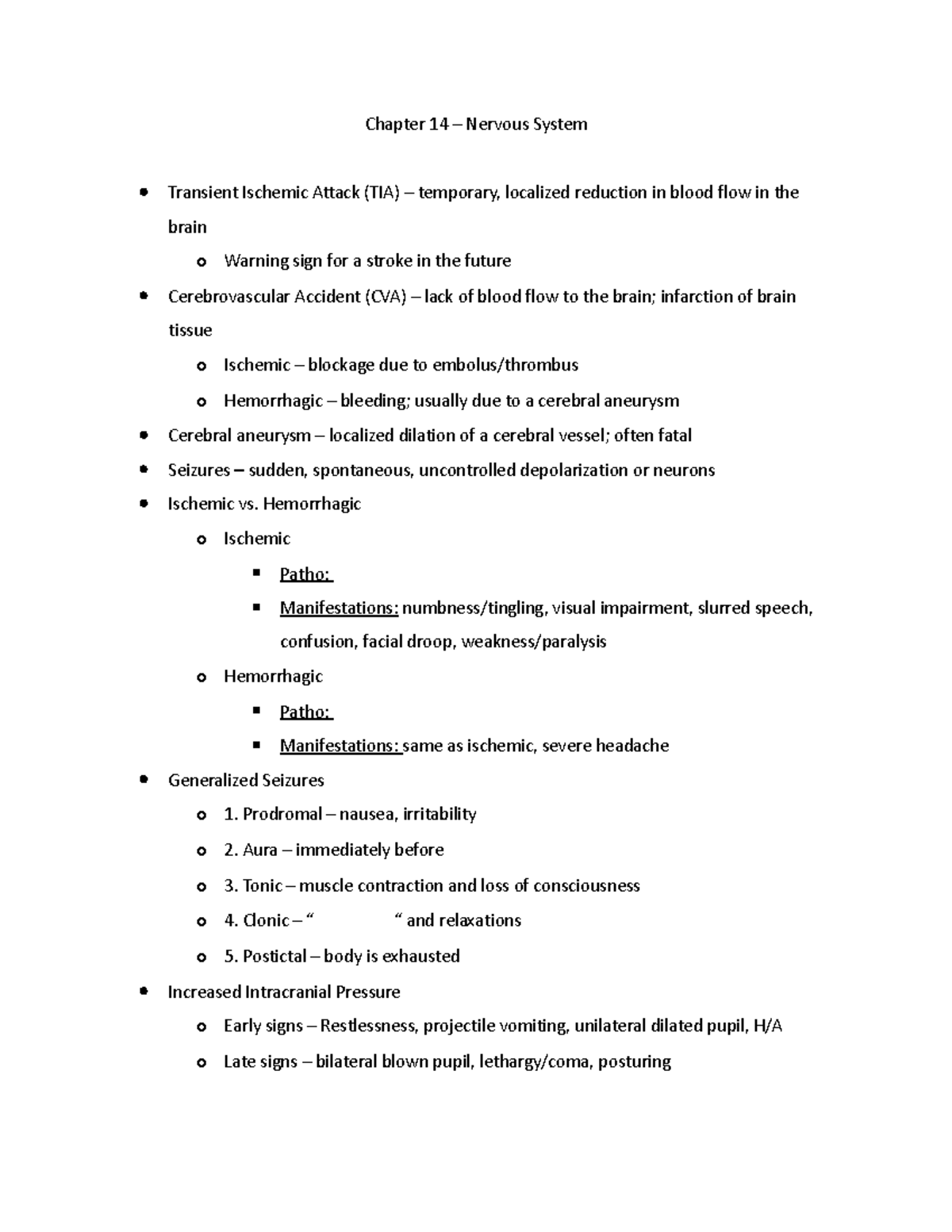 Chapter 14 - Chapter 14 – Nervous System Transient Ischemic Attack (TIA ...