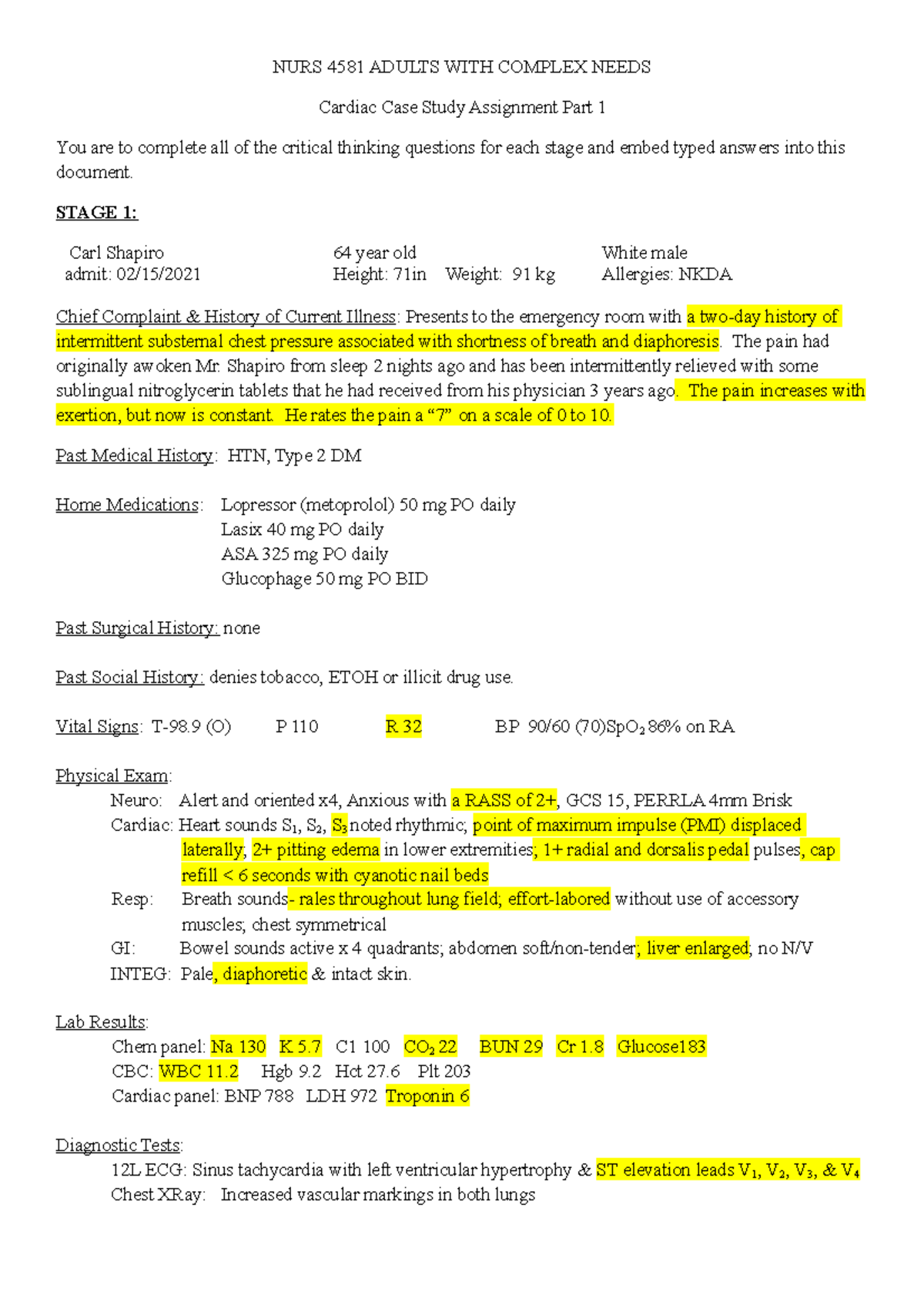 Case study (cardiac 1) NURS 4581 ADULTS WITH COMPLEX NEEDS Cardiac