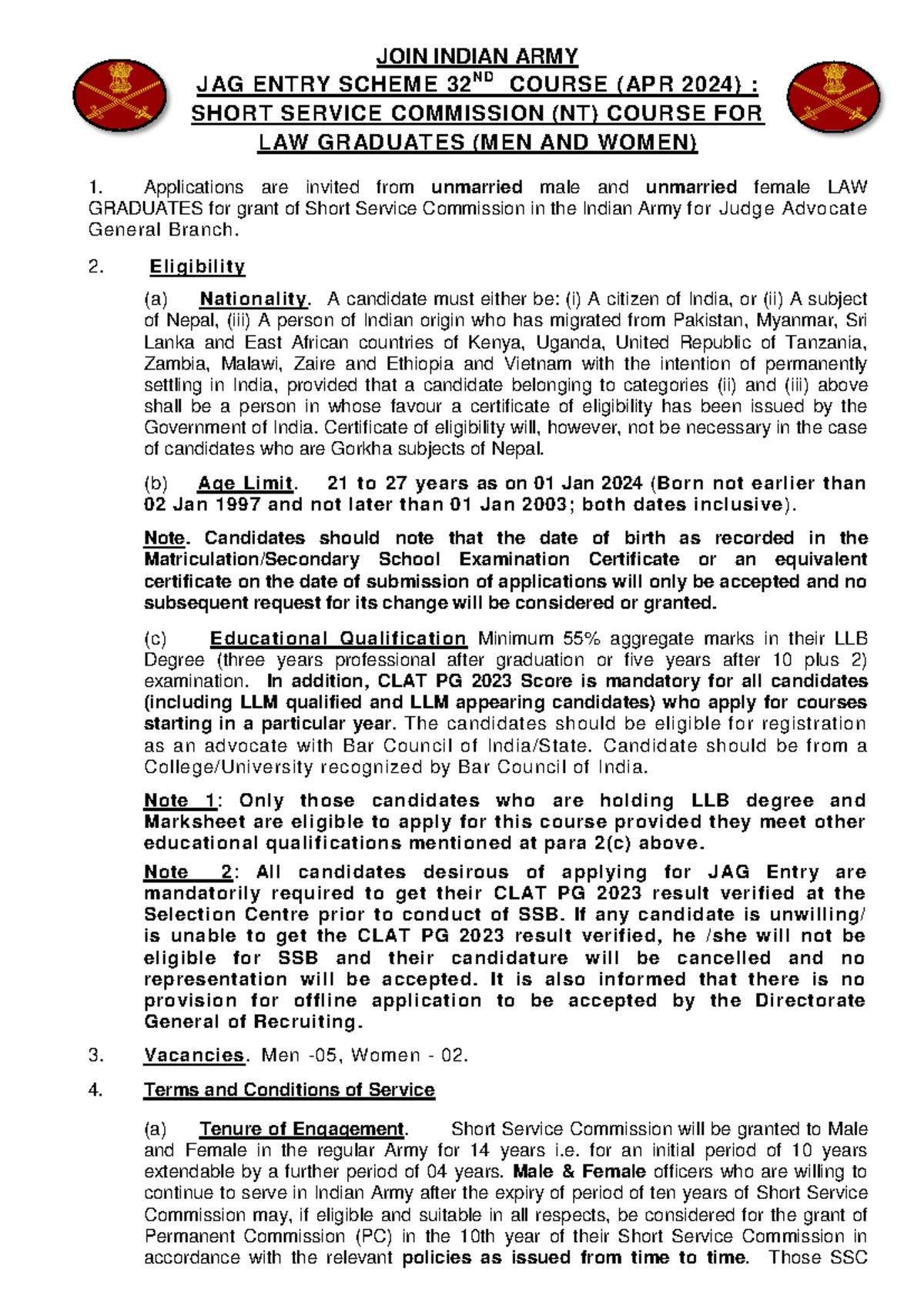Notification FOR JAG Entry Scheme 32 APR 2024 Course - Applications are ...
