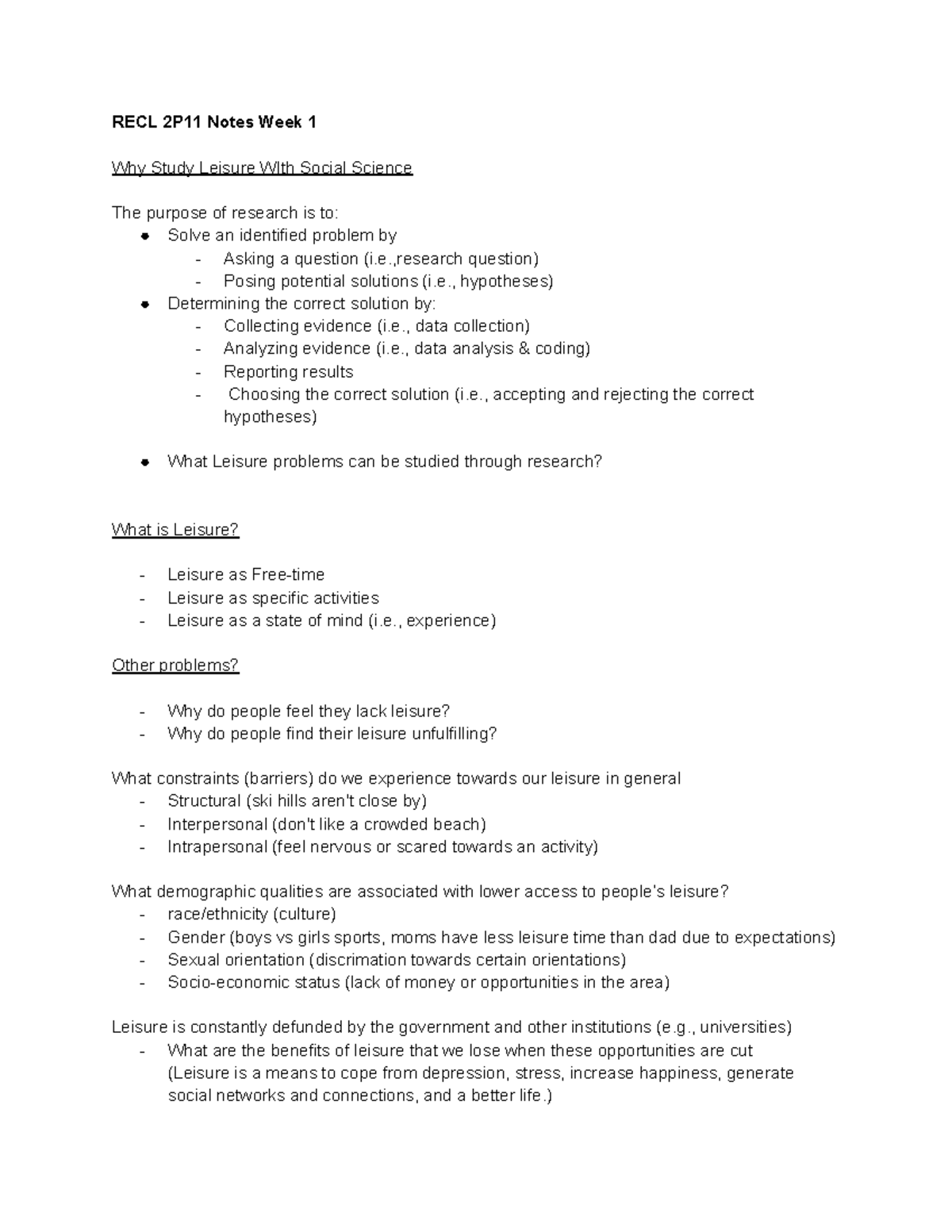 Week 1 Lecture Notes - RECL 2P11 Notes Week 1 Why Study Leisure WIth ...