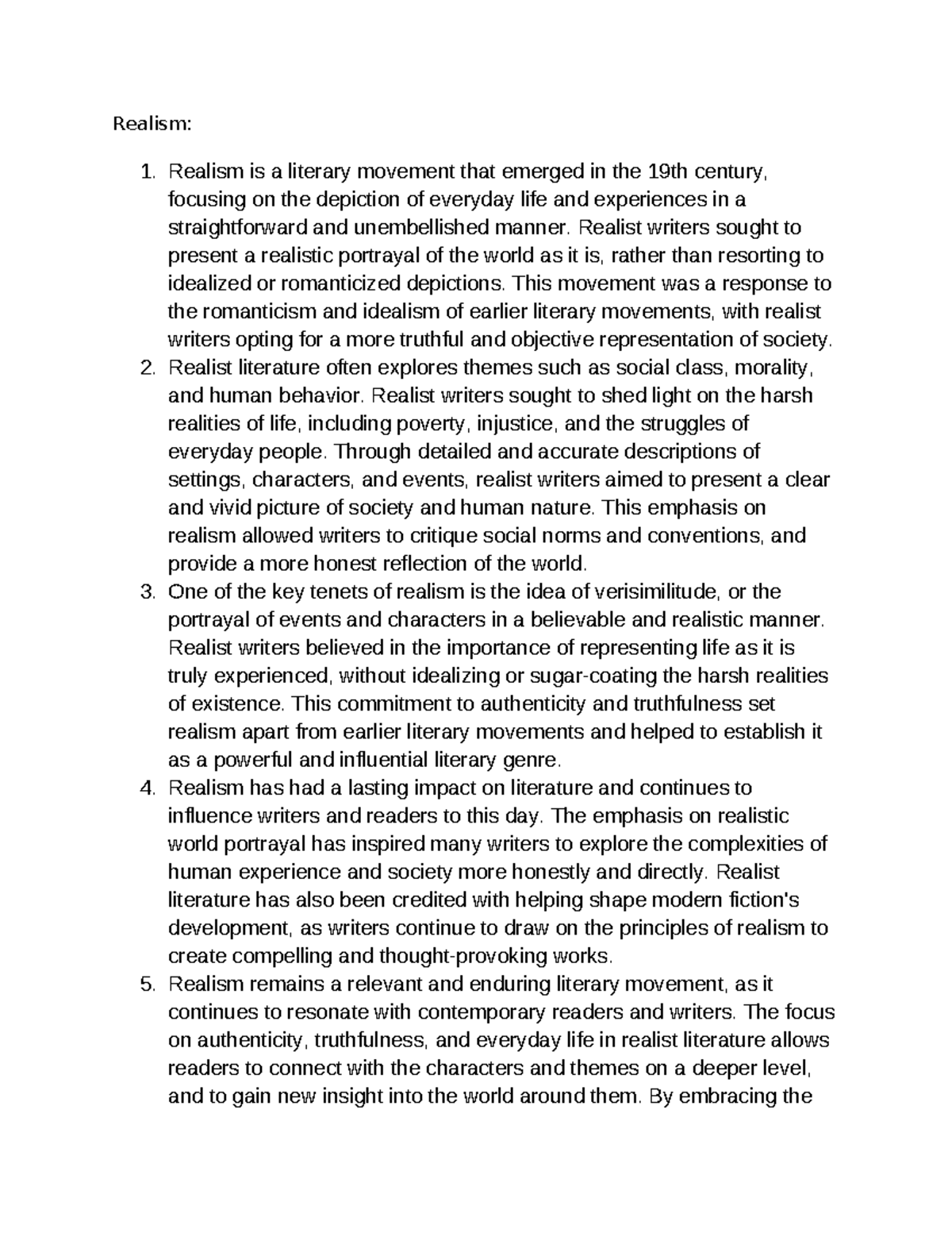 Realism and its affect - Realism: 1. Realism is a literary movement ...