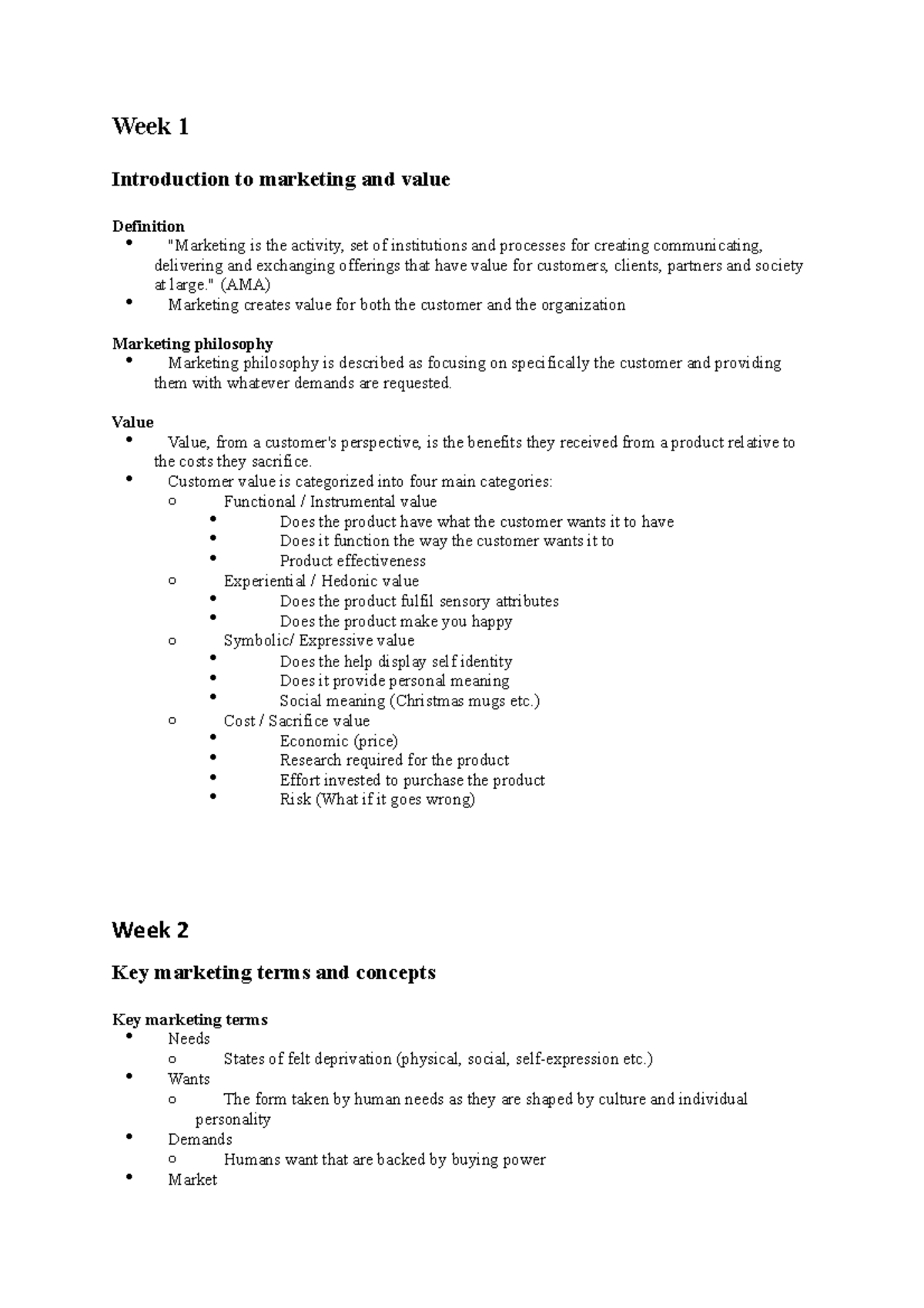 Notes Wk1-3 - Week 1 Introduction to marketing and value Definition ...