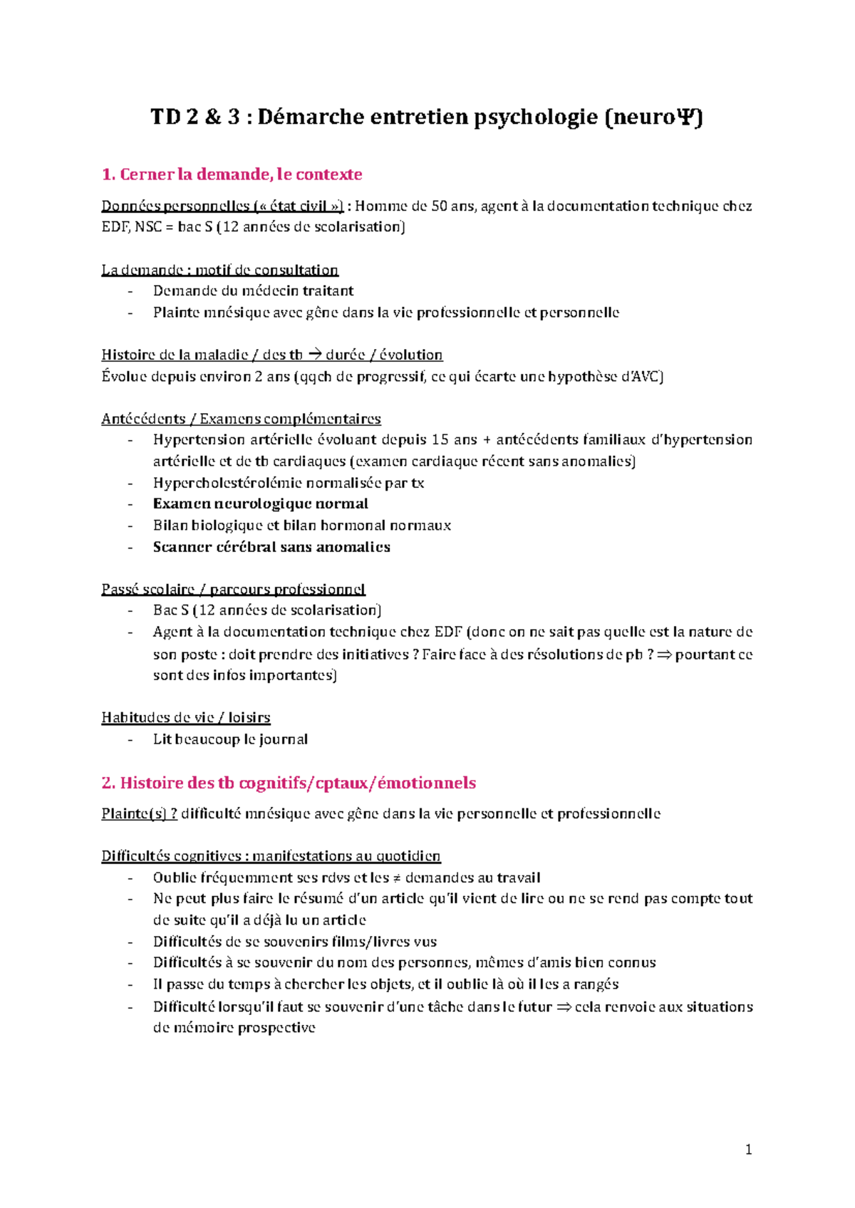 TD 2 et 3 (neuropsy) - TD 2 & 3 : Démarche entretien psychologie ...