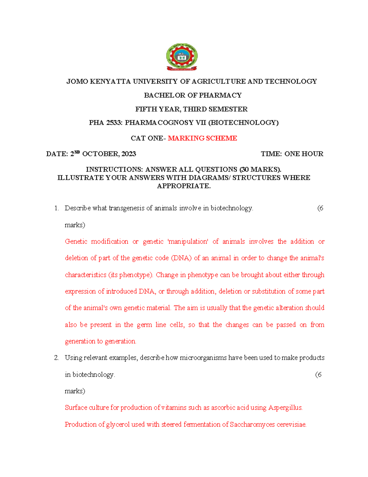 Biotechnology CAT ONE 2023 - Marking Scheme - JOMO KENYATTA UNIVERSITY ...