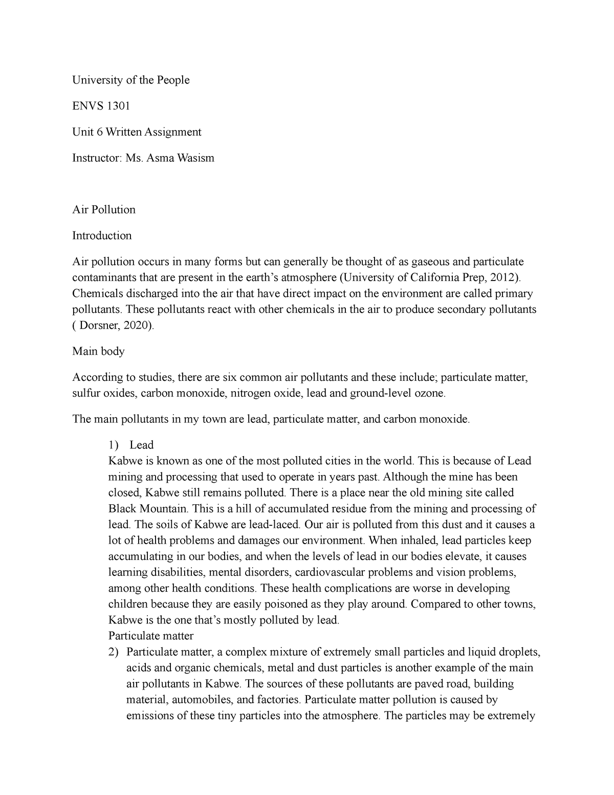 Written assignment - University of the People ENVS 1301 Unit 6 Written ...