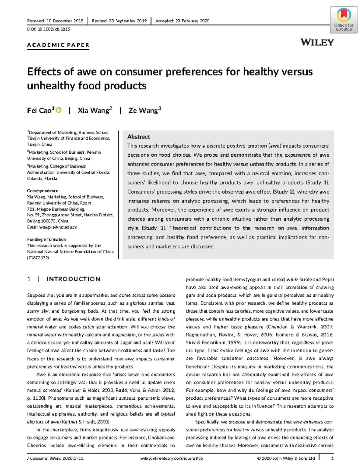Cao et al. (2019 ) Effects of awe on consumer preferences for healthy ...