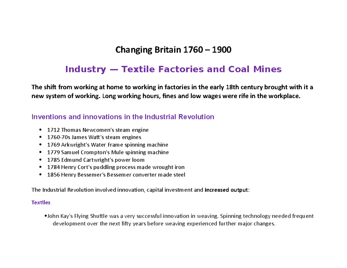 Changing Britain 1760 1900 Industry Textile Factories And Coal Mines   Thumb 1200 927 