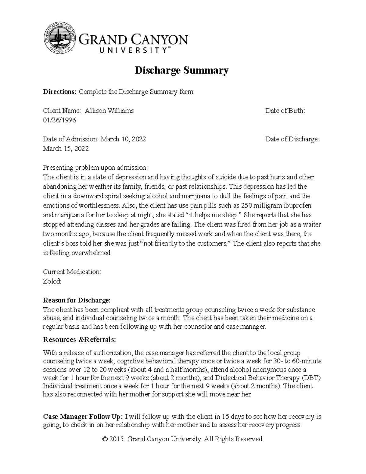 PCN255 - Allison Wiliams Discharge - Discharge Summary Directions ...