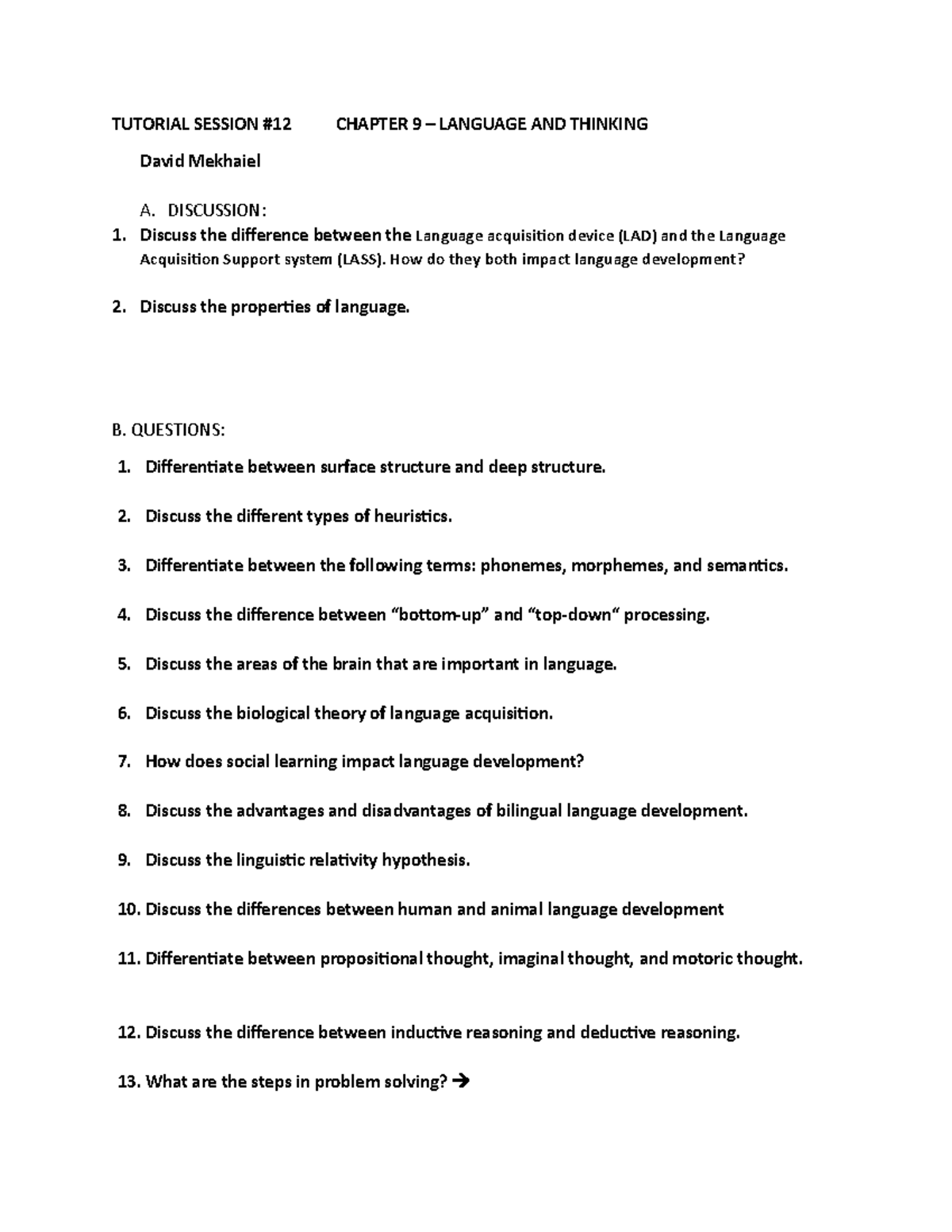 Tutorial 12 questions - TUTORIAL SESSION #12 CHAPTER 9 – LANGUAGE AND ...
